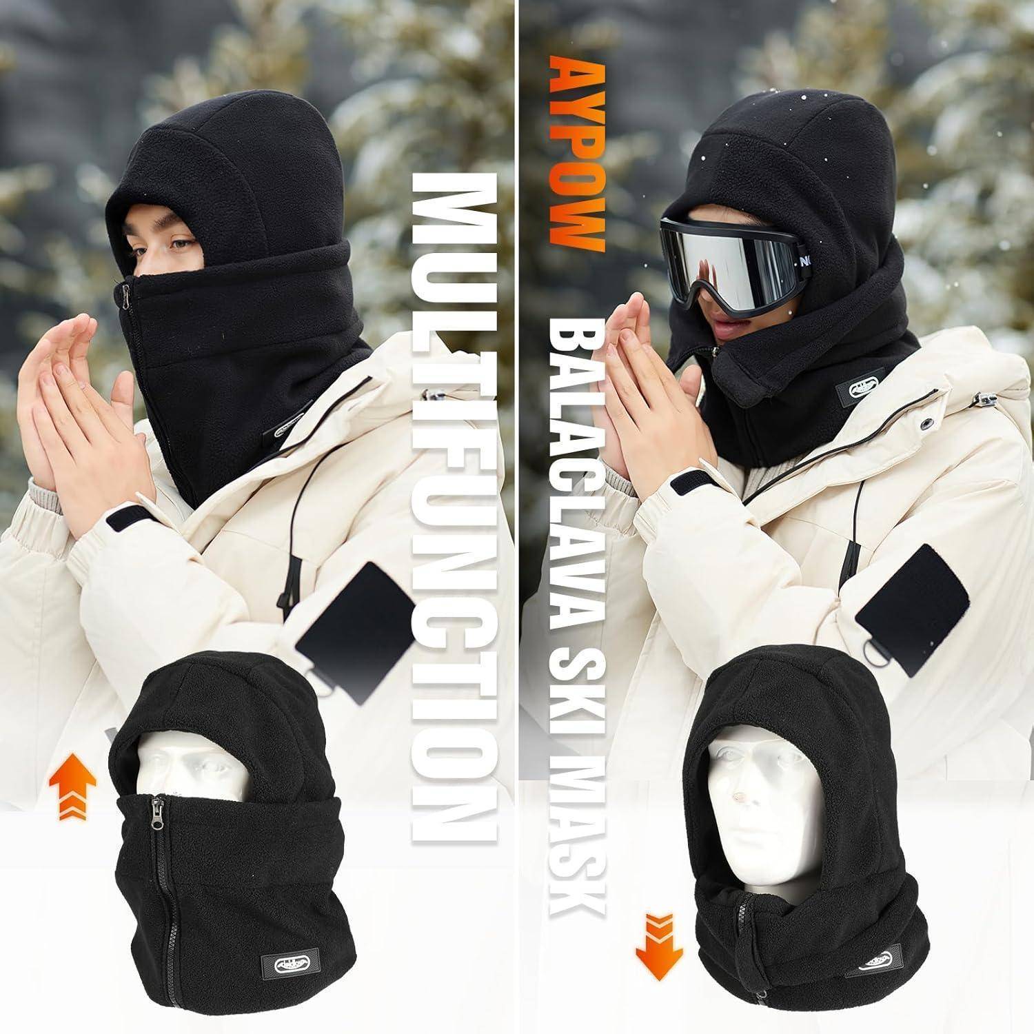 Werbeabbildung, die eine schwarze Multifunktions-Sturmhaube/Skimaske zeigt, die von einem Model getragen und auf einer Schaufensterpuppe präsentiert wird, mit dem Text „MULTIFUNCTION