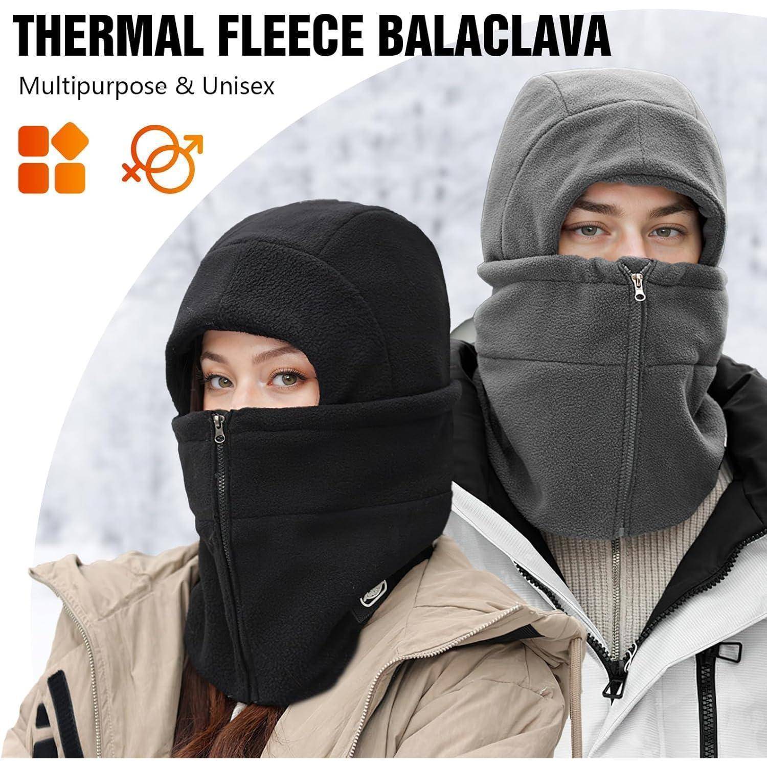 Zwei Personen, die Wärme-Fleece-Sturmhauben tragen, die Kopf und Gesicht bedecken, dargestellt als vielseitiges, unisex Winteraccessoire.