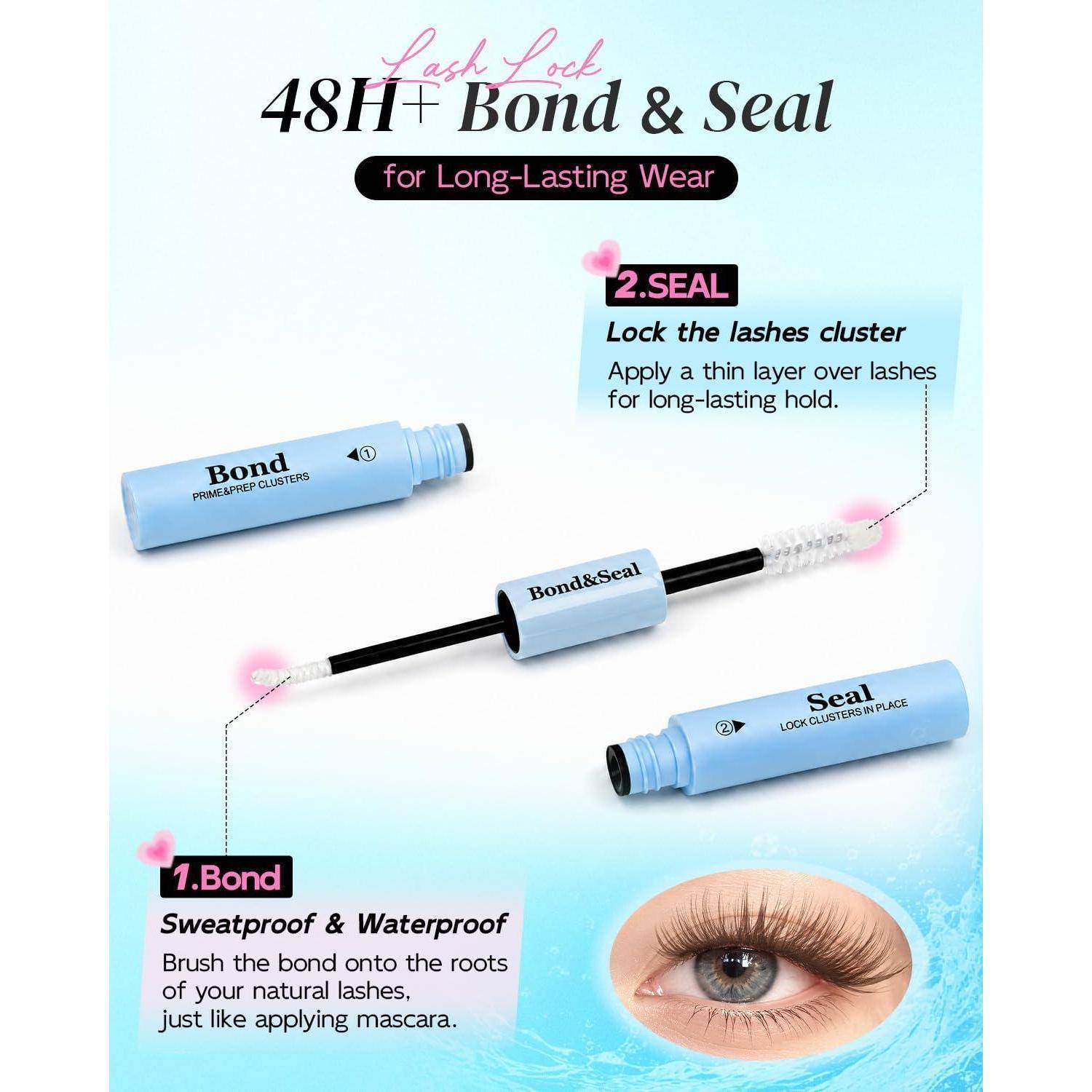 Werbegrafik für 48H+ Bond & Seal für langanhaltenden Halt, zeigt zwei Mascara-ähnliche Behälter und einen Applikator mit Anleitung: 1. Bond, 2. Seal.