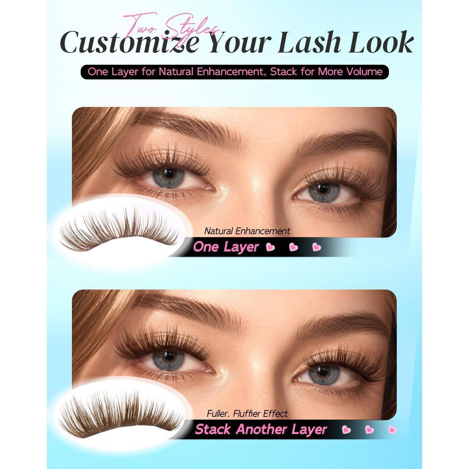 Werbegrafikvergleich einer Wimpernschicht gegenüber gestapelten Schichten für vollere, fluffigere natürliche Verbesserung; zeigt Nahaufnahmen von Augen und falsche Wimpernbeispiele.