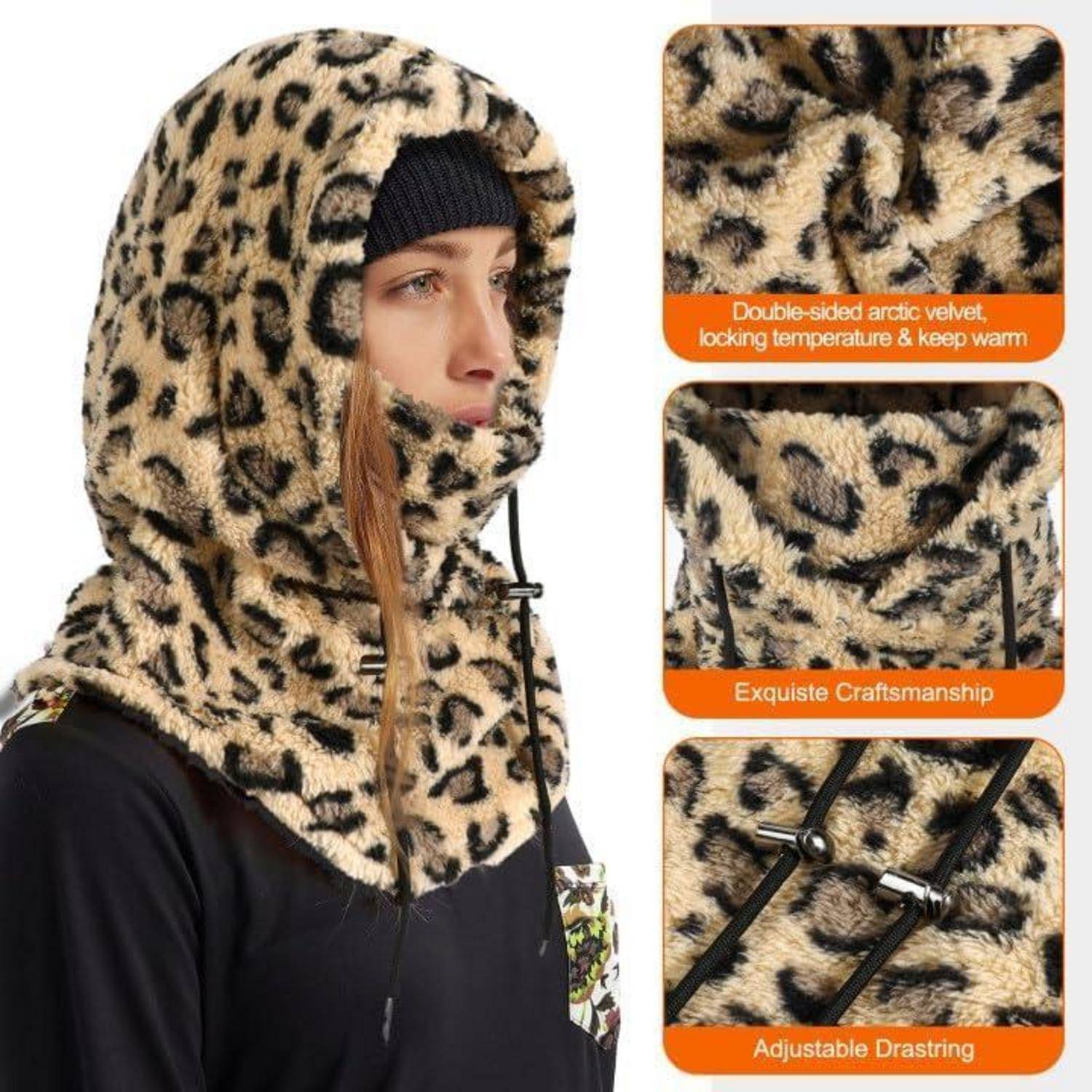 Frau, die eine Gesichtsmaske mit Leopardenmuster und einen Nackenwarmer mit Kapuze trägt; eingefügte Nahaufnahmen zeigen den plüschigen Stoff, die Verarbeitung und die verstellbare Zugschnur.