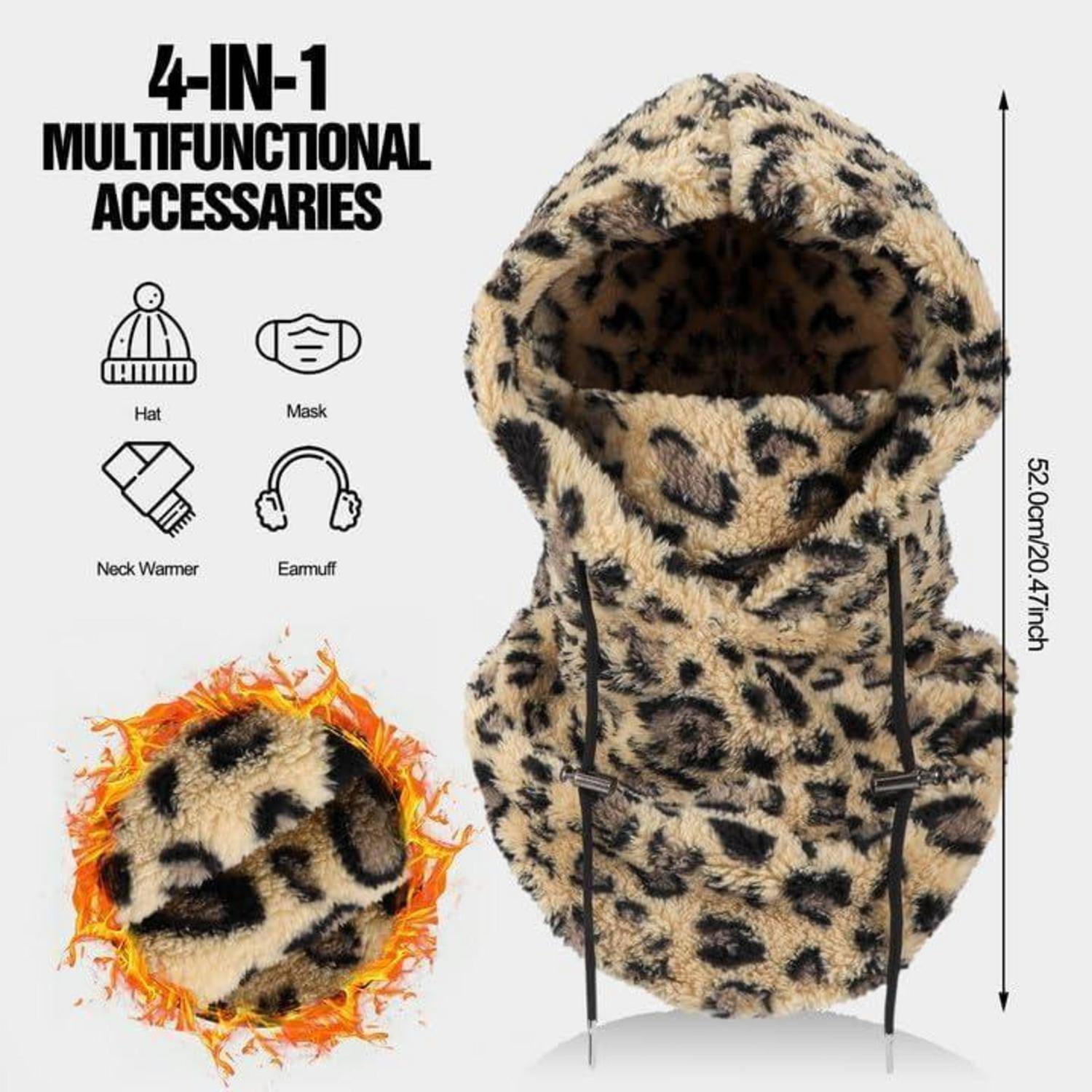 Leoparden-Muster 4-in-1-Kapuzen-Zubehör, dargestellt als Mütze, Maske, Nackenwärmer und Ohrenwärmer; Höhe mit 52,0 cm/20,47 Zoll gekennzeichnet.