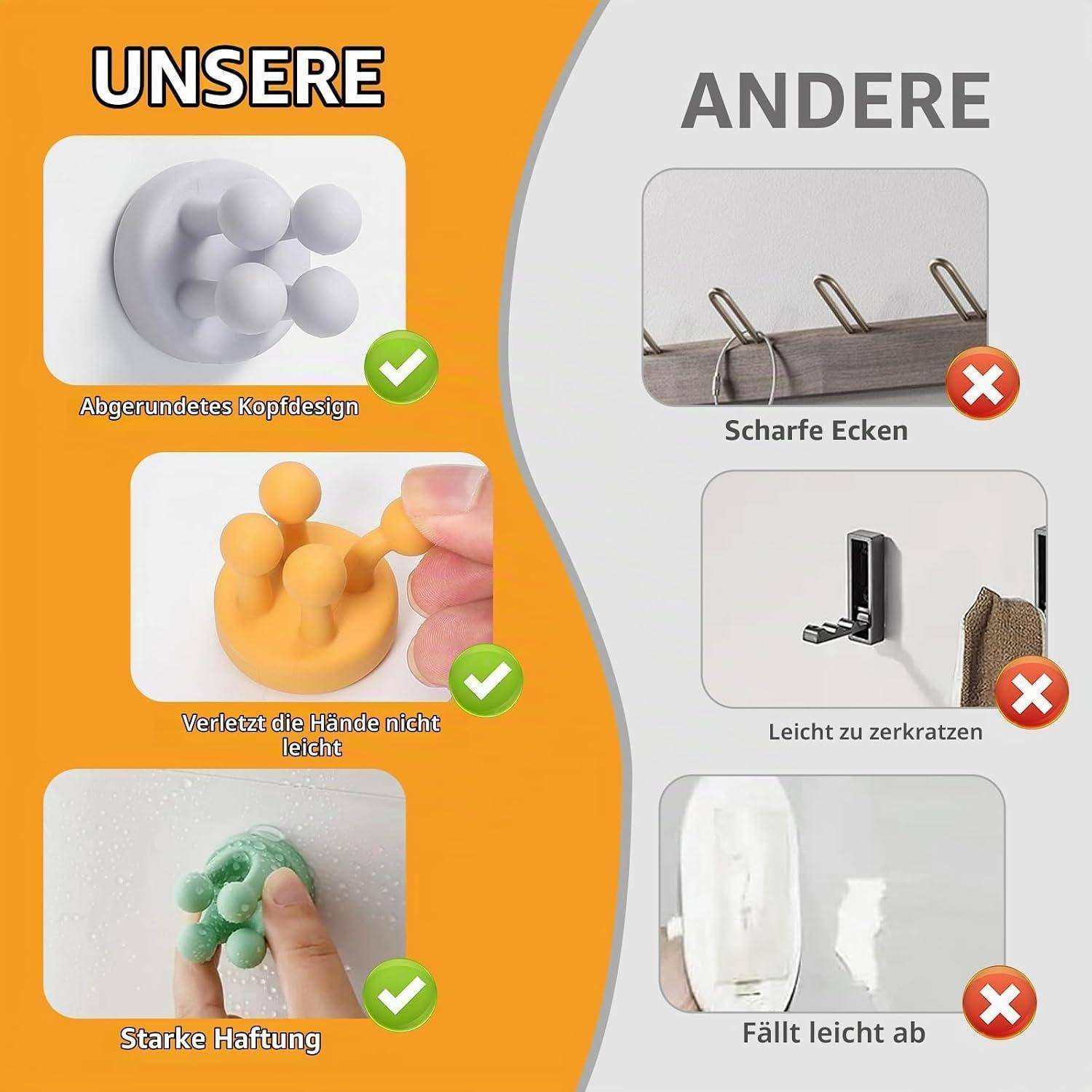 Deutsches Vergleichsgrafik: 'UNSERE' zeigt abgerundete, sichere Haken mit starkem Halt und ohne Handverletzungen; 'ANDERE' zeigt scharfe, leicht zerkratzte Haken, die abfallen.