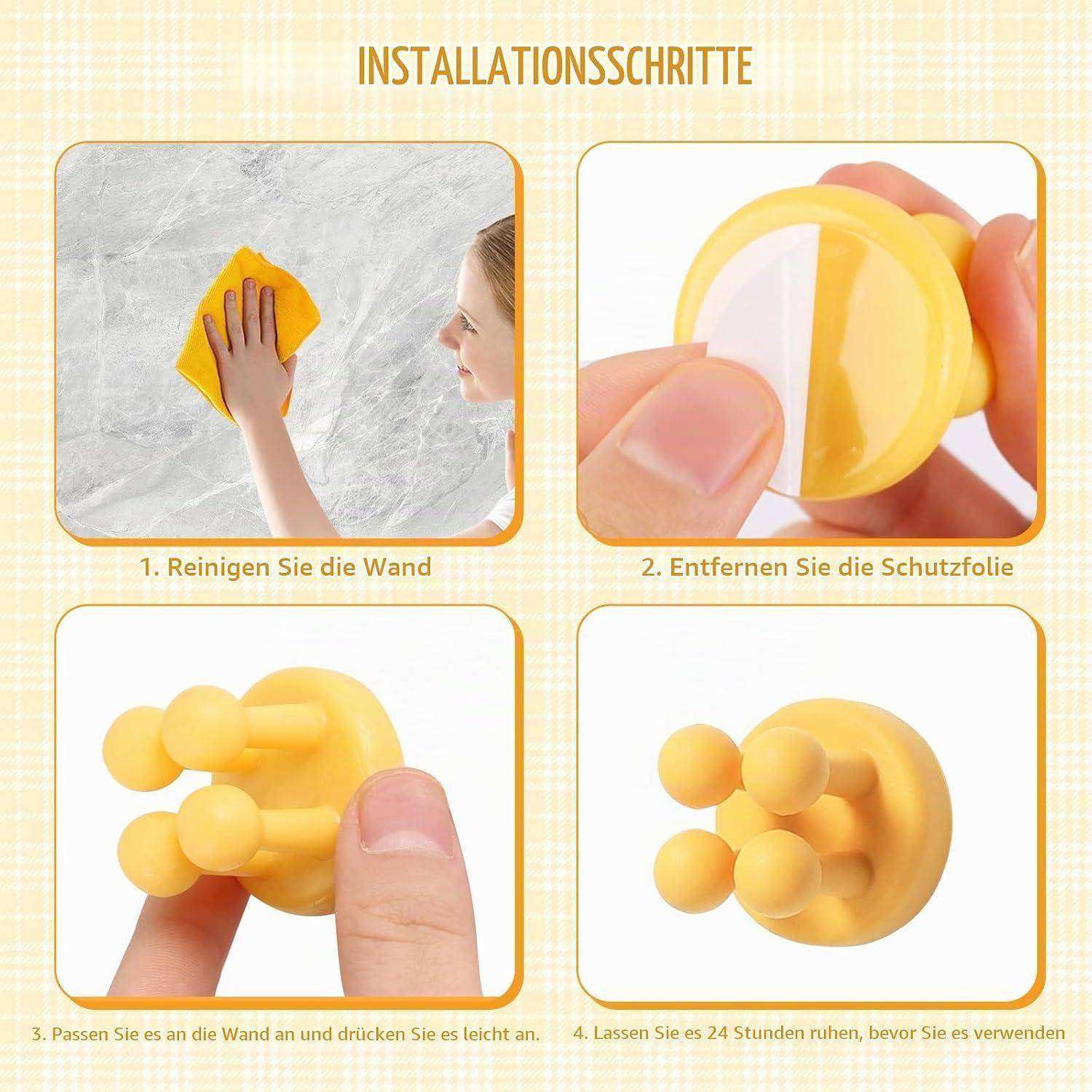 Installationsanleitung mit vier Schritten: Reinigen Sie die Wand, ziehen Sie die Schutzfolie ab, drücken Sie den Klebehaken an die Wand, und lassen Sie ihn vor Gebrauch 24 Stunden lang aushärten.