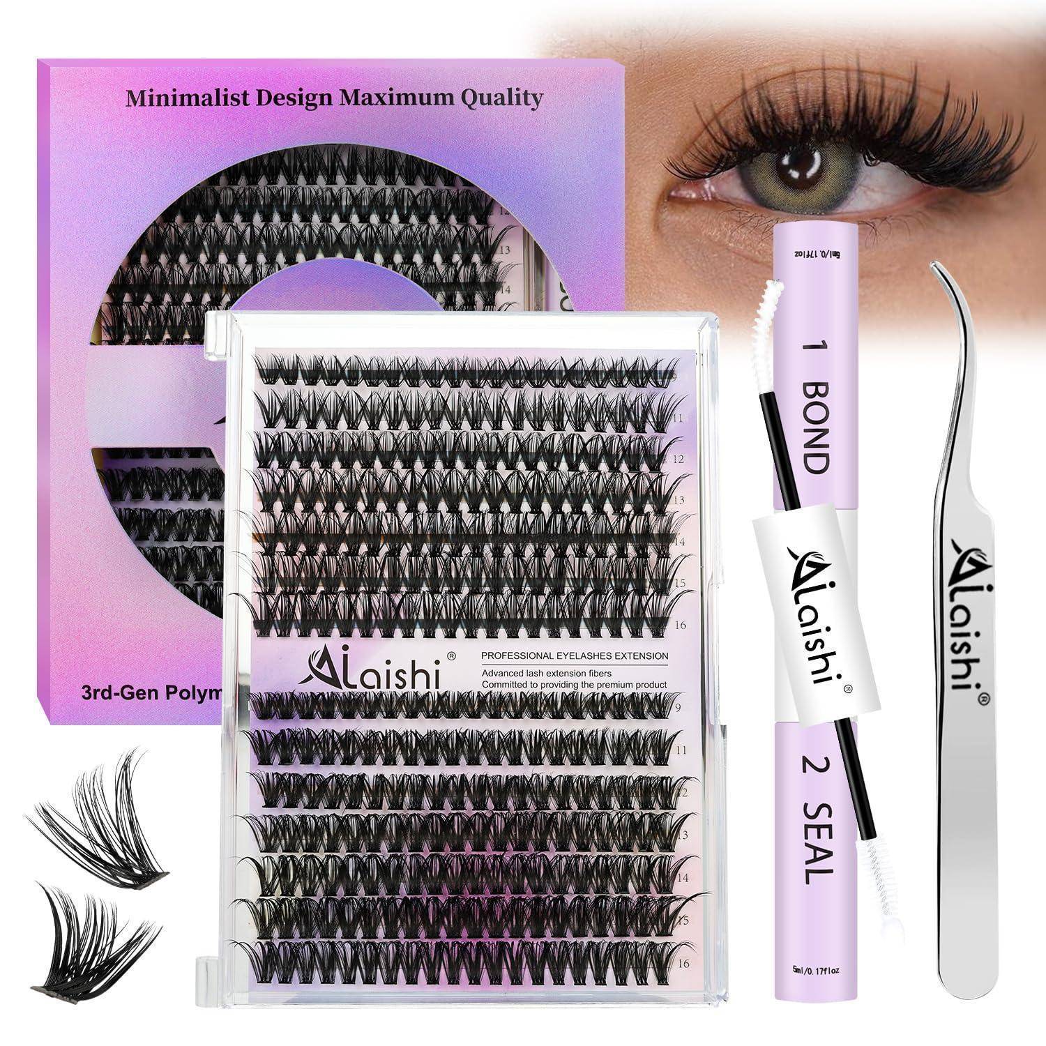 Produktfoto eines Laishi-Wimpernverlängerungskits mit Tabletts von künstlichen Wimpern, Bond- und Siegeltuben sowie Pinzetten, dargestellt auf einer rosafarbenen Schachtel mit einem Augenmodell und einer Nahaufnahme des Wimpernauges.
