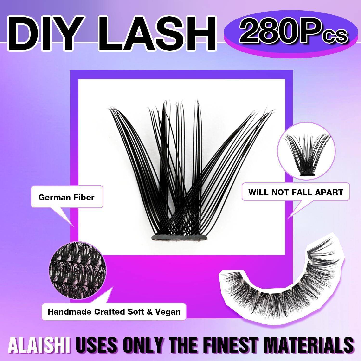 Werbebild für DIY LASH 280er Set, das ein Wimpern-Cluster zeigt, mit folgenden Aussagen: Deutsche Faser, handwerklich verarbeitet, weich und vegan, zerfällt nicht, und AlAishi verwendet nur die hochwertigsten Materialien.
