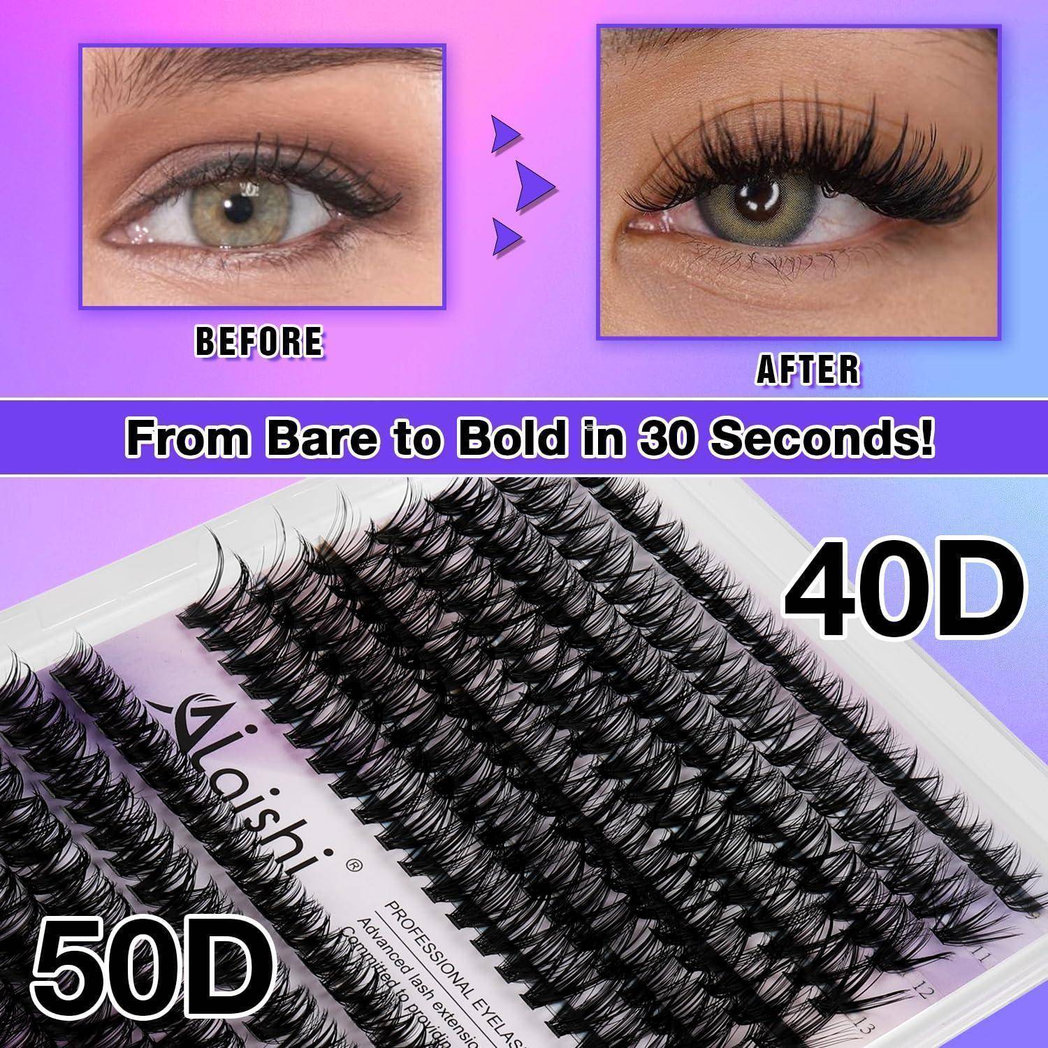 Werbebild mit Vorher-und-Nachher-Augen mit künstlichen Wimpern, Text „Von Nackt bis Mutig in 30 Sekunden!
