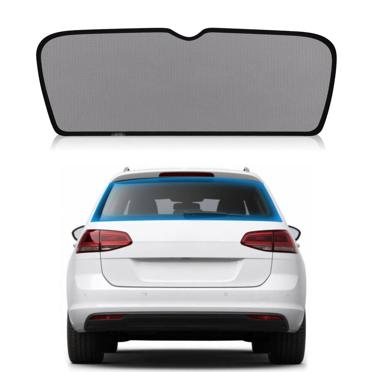 Heckansicht eines weißen SUV mit getönter blauer Windschutzscheibe und einem separat gezeigten abnehmbaren Heckfenster-Sonnenschutz darüber.