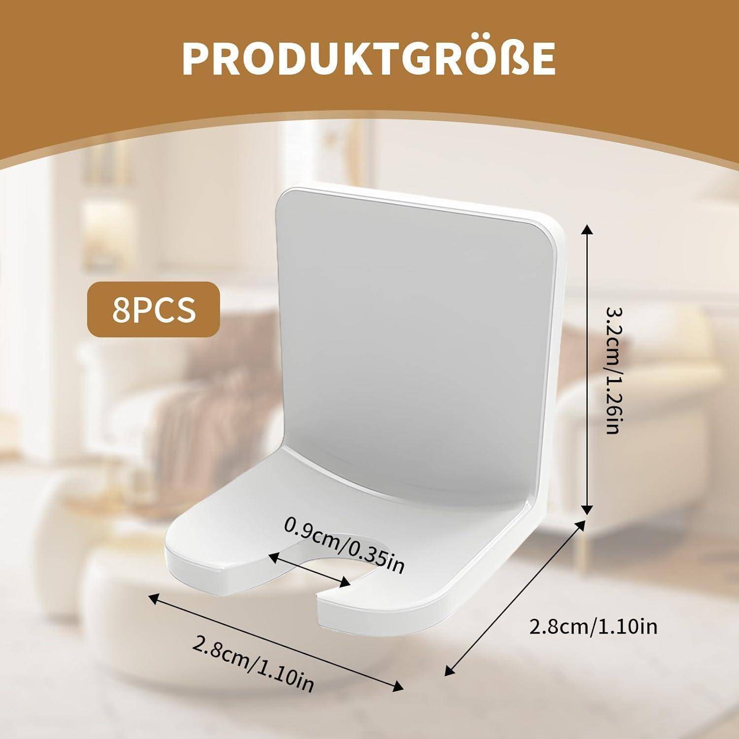 Produktgrößendiagramm eines 8-teiligen weißen L-förmigen Ständers mit den Abmessungen: 3,2 cm Höhe, 2,8 cm Breite/Tiefe und 0,9 cm Öffnungsbreite.