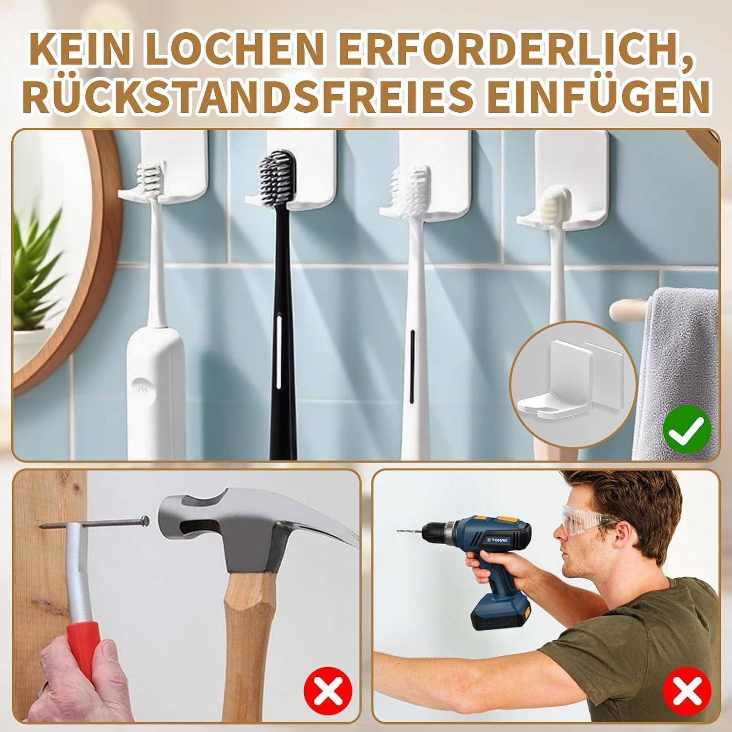 Wandmontierte Zahnbürstenhalter, mit deutschem Text „KEIN LOCHEN ERFORDERLICH, RÜCKSTANDSFREIES EINFÜGEN