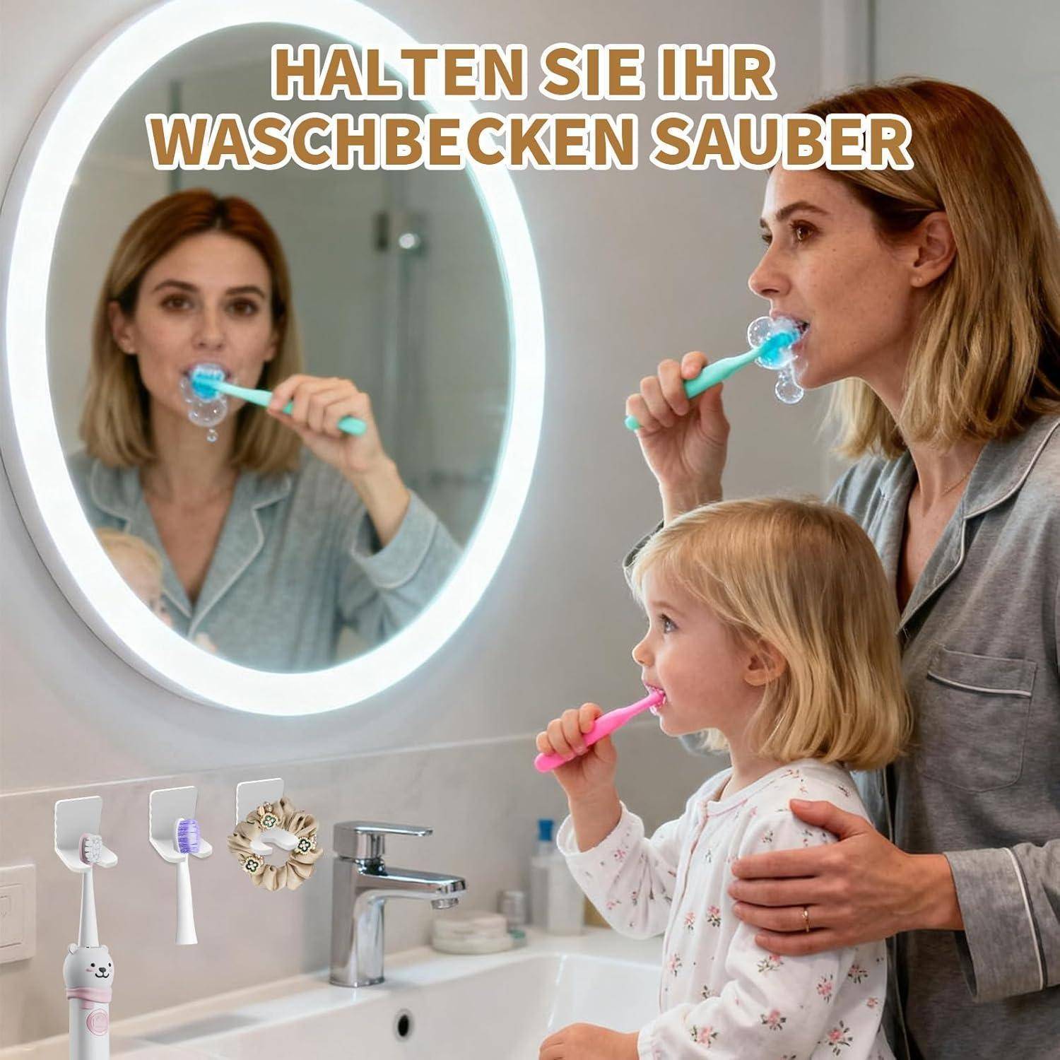 Frau und junges Mädchen putzen sich die Zähne an einem Waschbecken im Badezimmer, mit dem Text „HALTEN SIE IHR WASCHBECKEN SAUBER