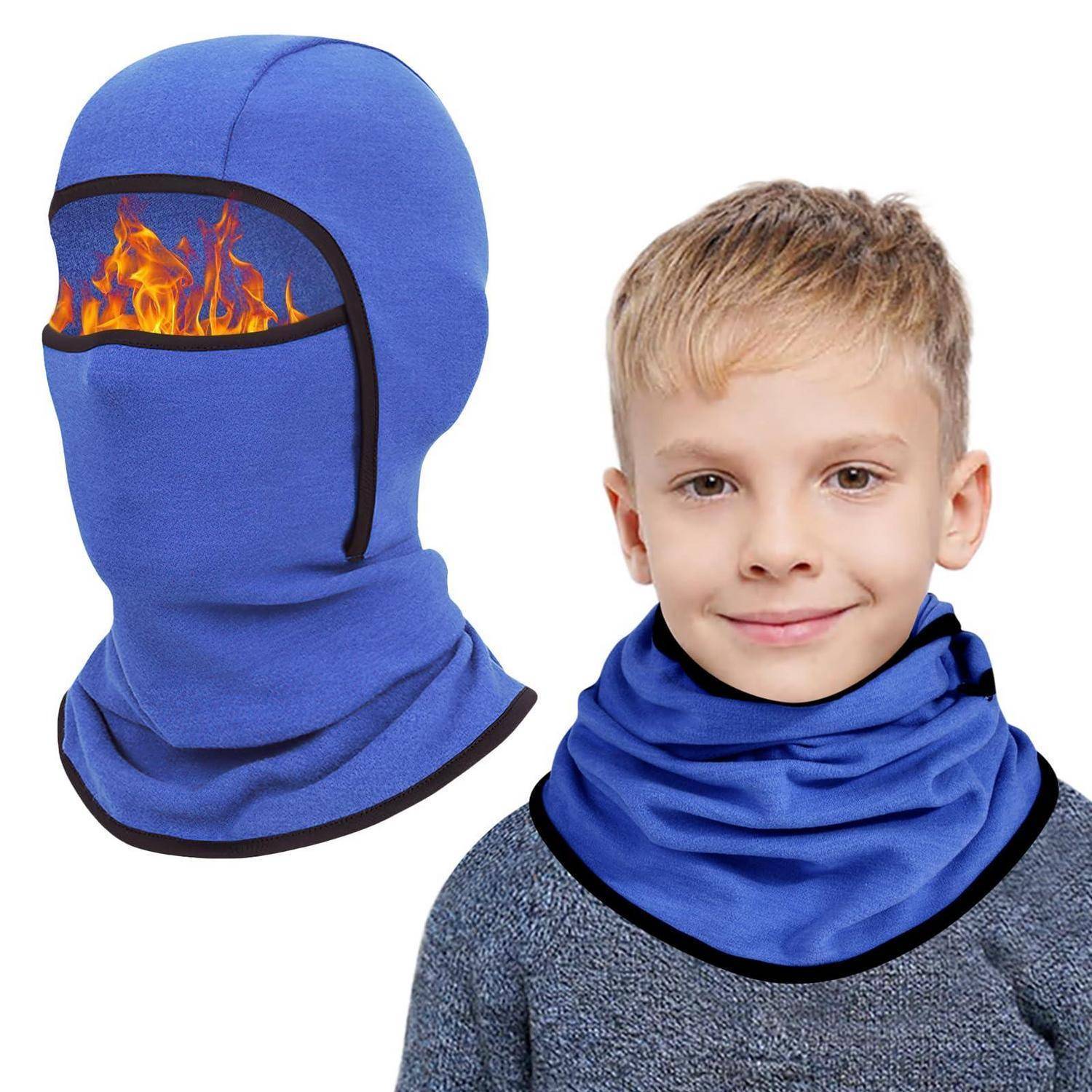 Blaue flammhemmende Sturmhaube und passendes Halstuch, dargestellt an einem Kindergesichtsmodell, mit einer Flammengraik über der Gesichtsöffnung.