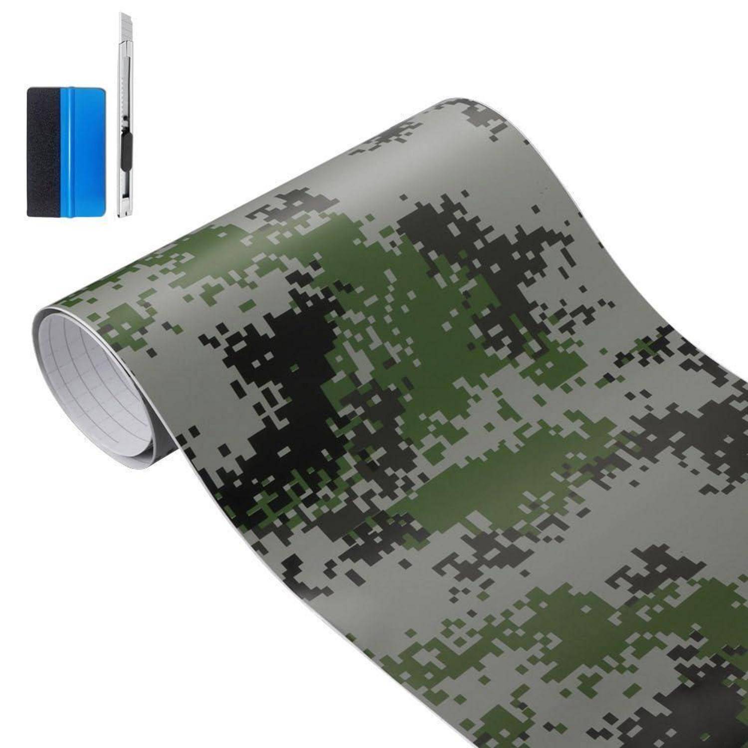 Rolle aus Camouflage-Haftklebefolie mit digitalem Camouflage-Muster, gezeigt mit einer Seitenansicht der Materialstärke.