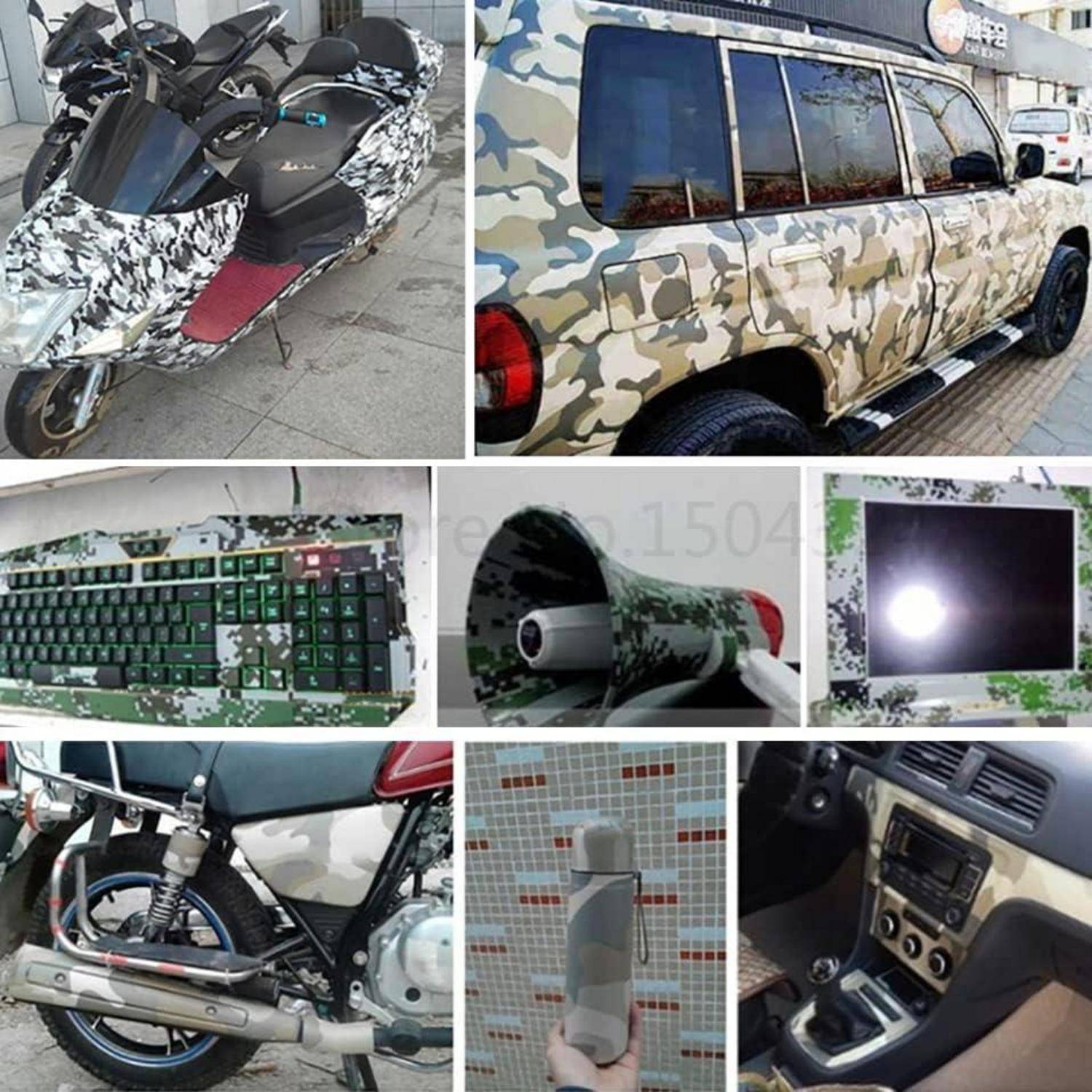 Collage von Fahrzeugen und Zubehör in grauer Tarnung, einschließlich eines Rollers, eines SUVs, eines Motorrads, einer Tastatur, eines Megafons, eines Monitors und des Innenraums eines Autos.