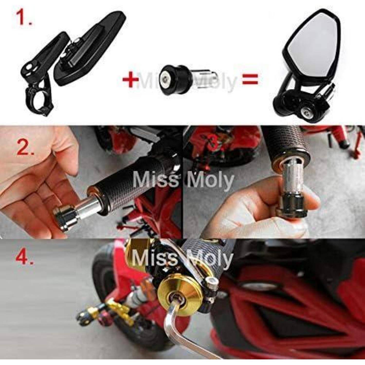 Infografik zur Installation eines Motorradspiegels: Spiegelteile plus ein Adapter ergeben einen montierten Rückspiegel, mit Fotos des Montageprozesses auf einem roten Motorrad.