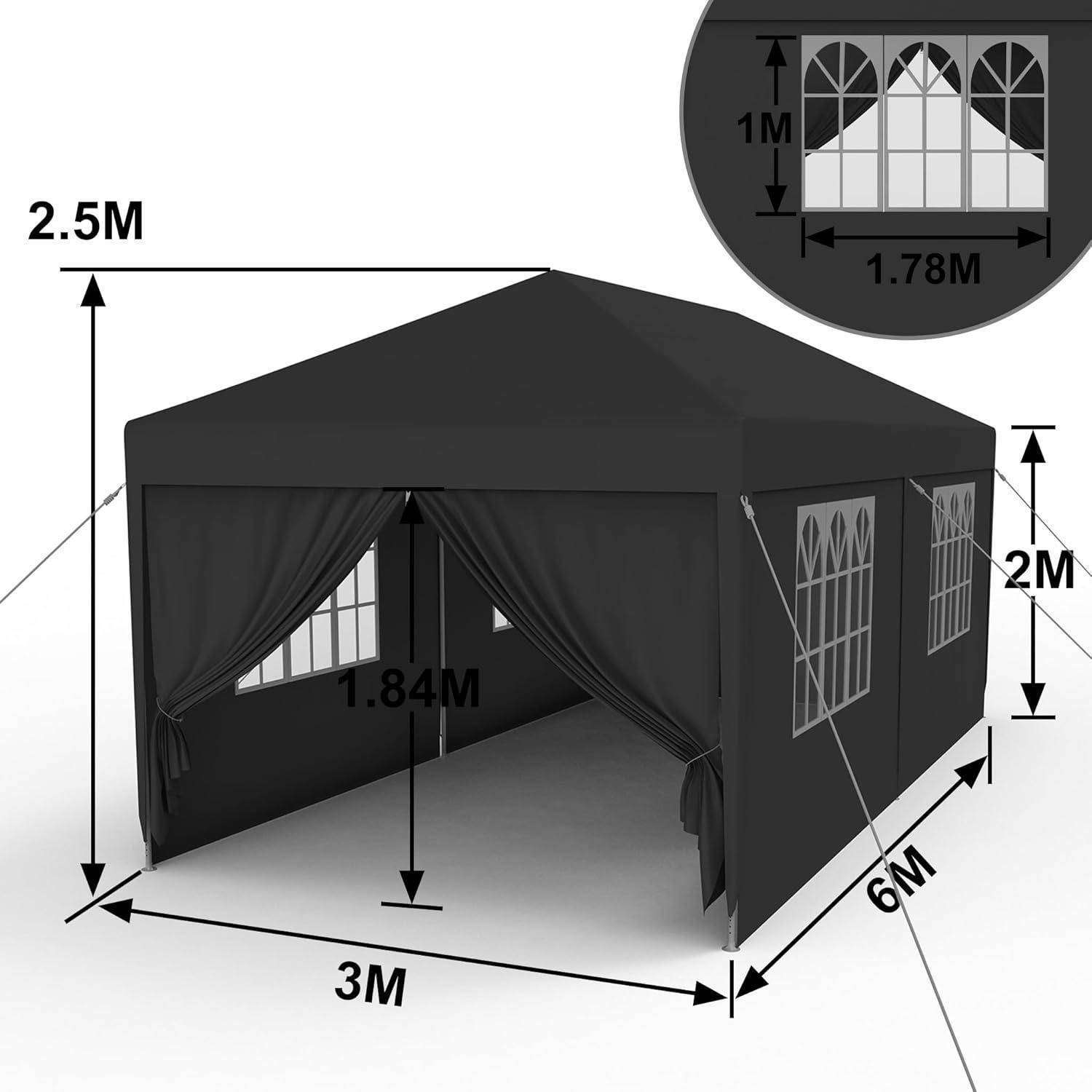 Schwarzes Außenzelt mit offenem Eingang und Seitenfenstern, gekennzeichnet mit 3M Breite, 6M Länge, 2,5M Höhe und 1,84M innerer Höhe.