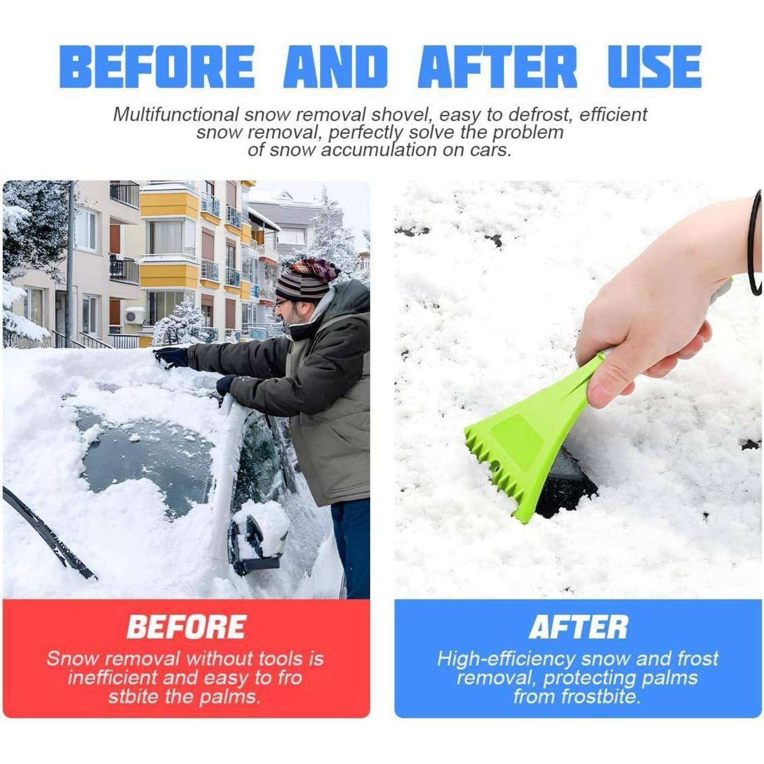 Vorher-und-nachher-Werbung für eine Multifunktions-Schneeschaufel: links räumt eine Person schweren Schnee von einem Auto; rechts benutzt eine Hand einen grünen Kratzer auf Schnee.