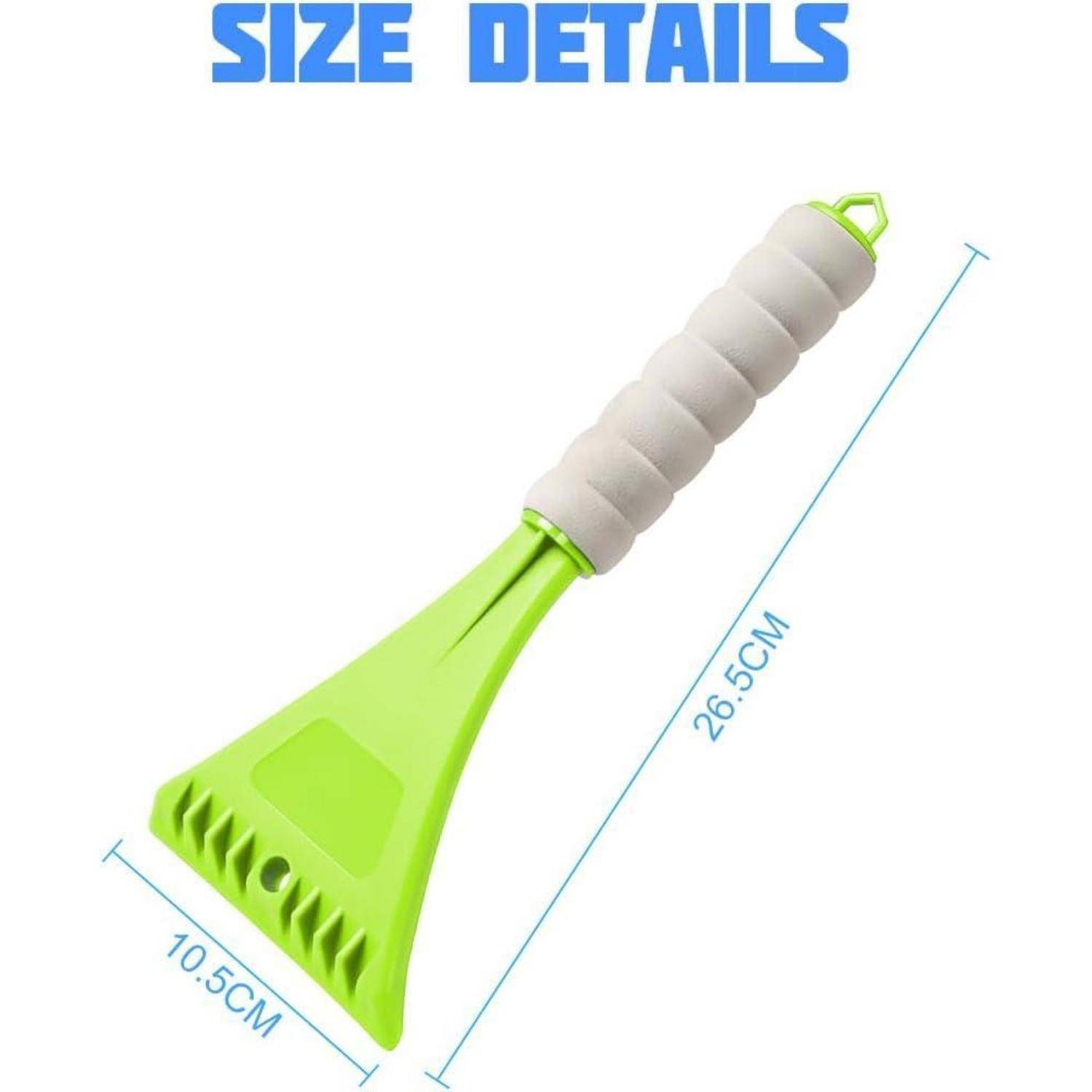 Größendetails-Diagramm eines tragbaren Kratzers mit grüner Klinge und grauem Griff, mit einer Länge von 26,5 cm und einer Breite von 10,5 cm.