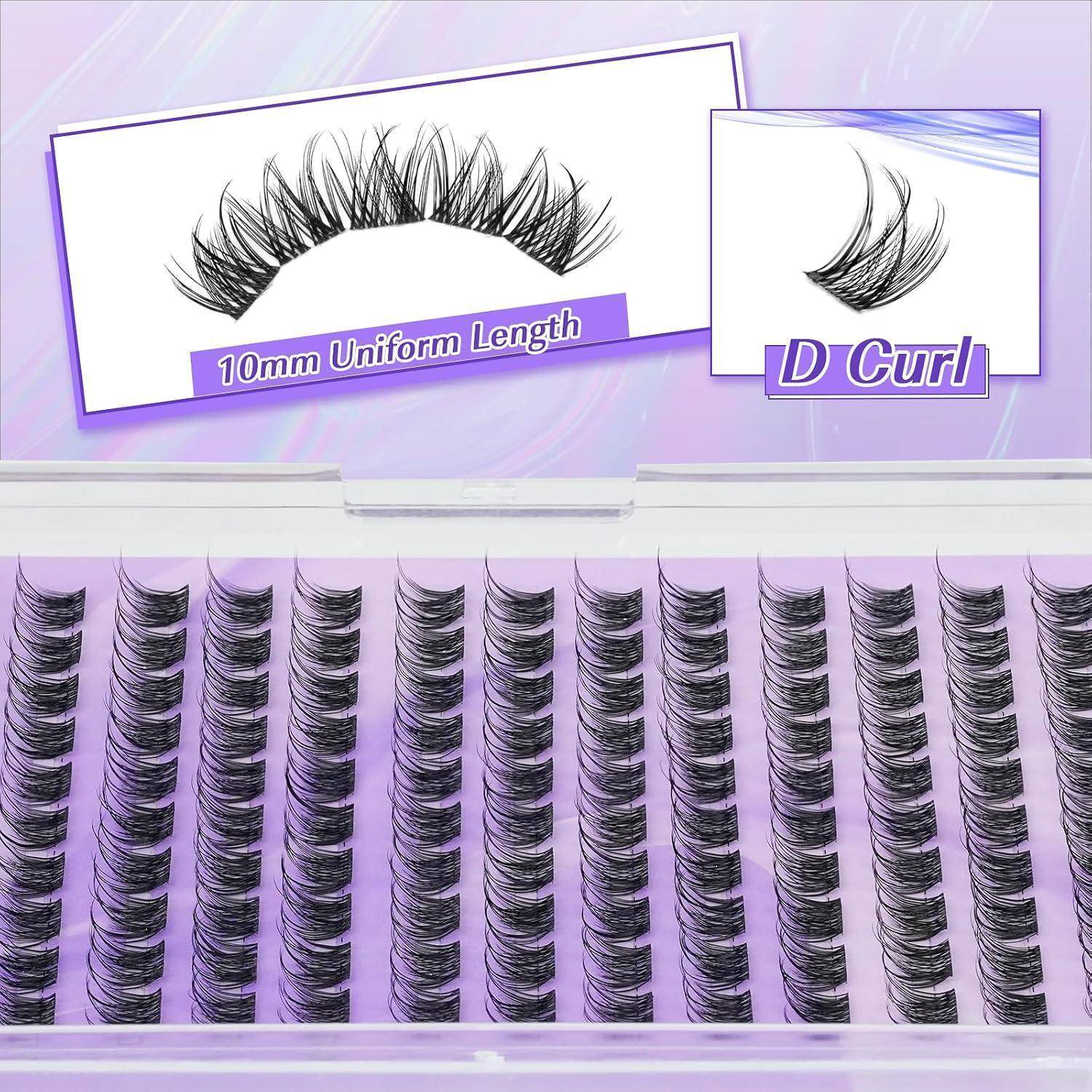 Tablett mit violetten Wimpernverlängerungen, das schwarze Wimpern in Reihen zeigt, beschriftet mit „10mm Uniform Length