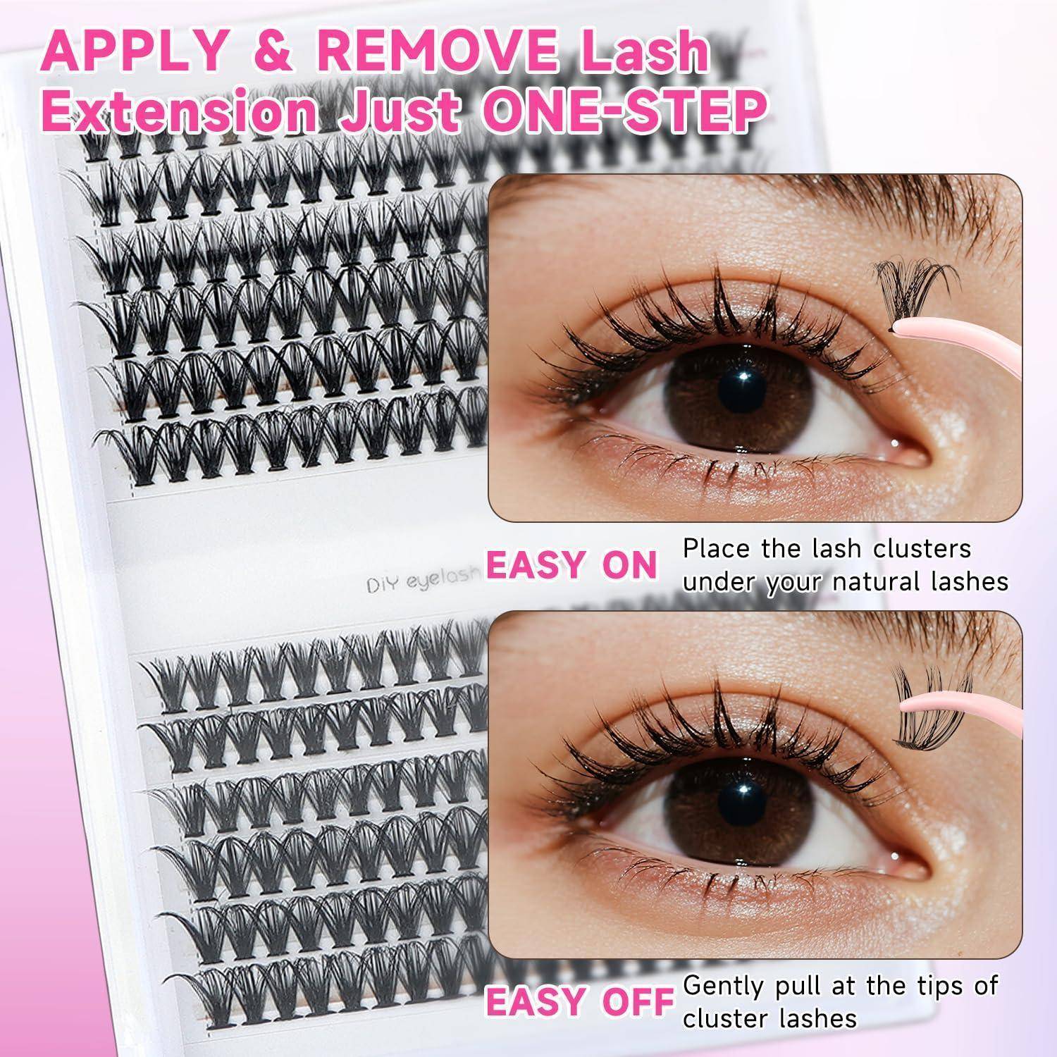 Werbegrafik mit Wimpernbüscheln und Nahaufnahmen von Augen, die zeigen, wie man sie unter natürlichen Wimpern anbringt und sie sanft in einem Schritt entfernt.