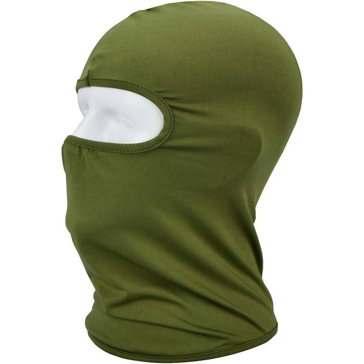 Olivgrüne Sturmhaube Skimaske mit einer einzelnen Augenöffnung, gezeigt auf weißem Hintergrund.