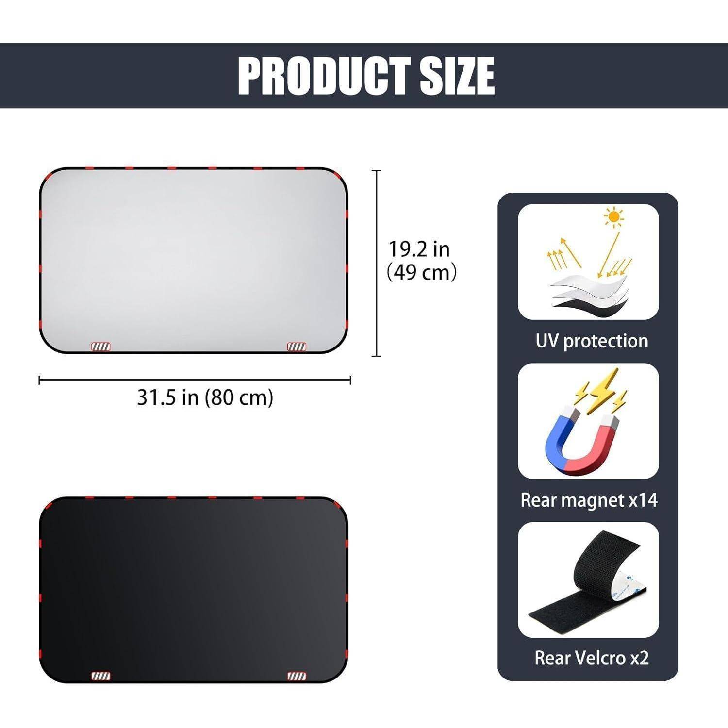 Produktgrößendiagramm mit einer Abdeckung von 31,5 x 19,2 Zoll sowie Funktionssymbolen für UV-Schutz, 14 rückseitige Magnete und 2 rückseitige Klettverschlussriemen.