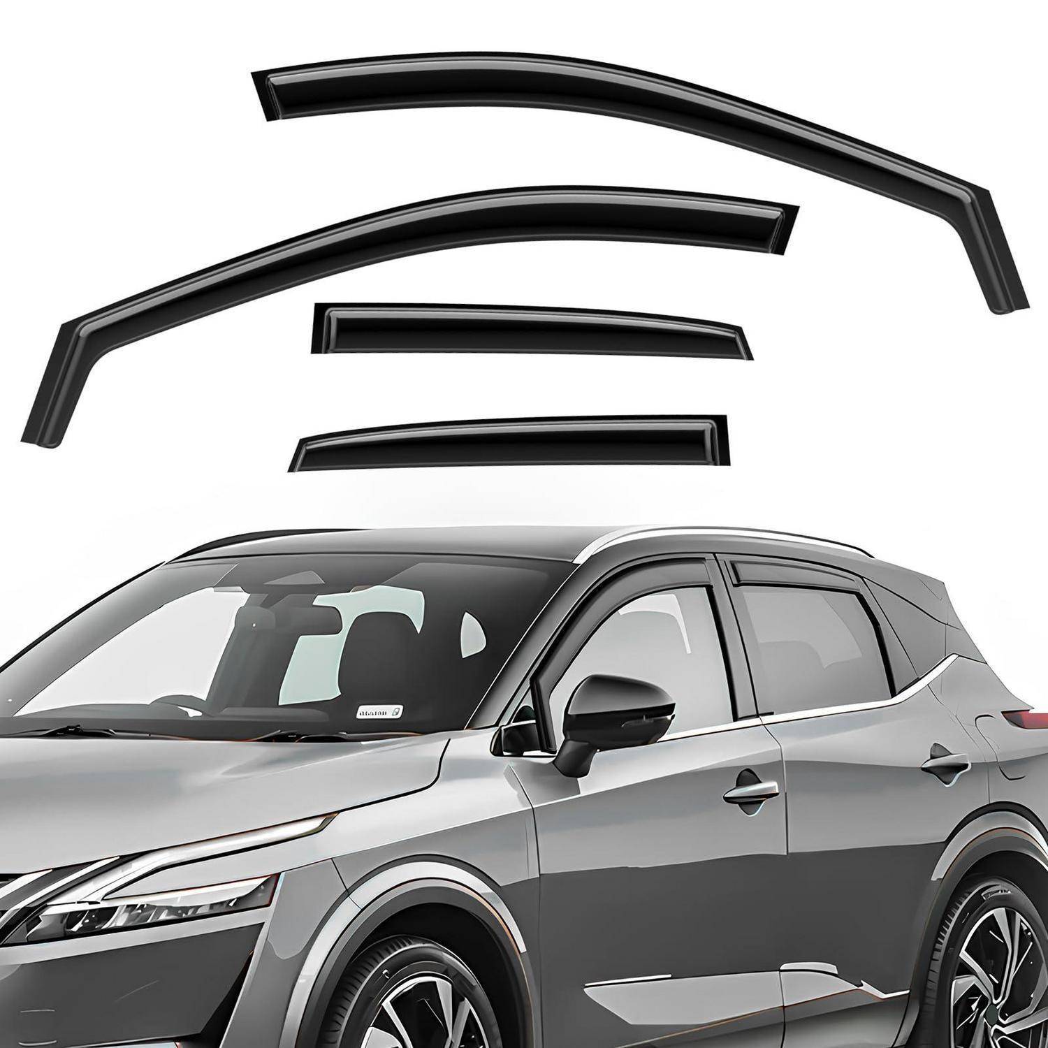 Grauer SUV mit vier schwarzen Fenstervisieren, die darüber angezeigt werden, gezeigt als Produktbild.
