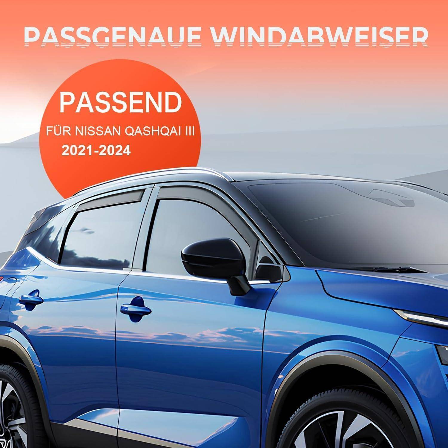 Blauer Nissan Qashqai III mit Aftermarket-Scheibenwischern; deutscher Text sagt „passend für Nissan Qashqai III 2021-2024" und „Passgenaue Windabweiser"".