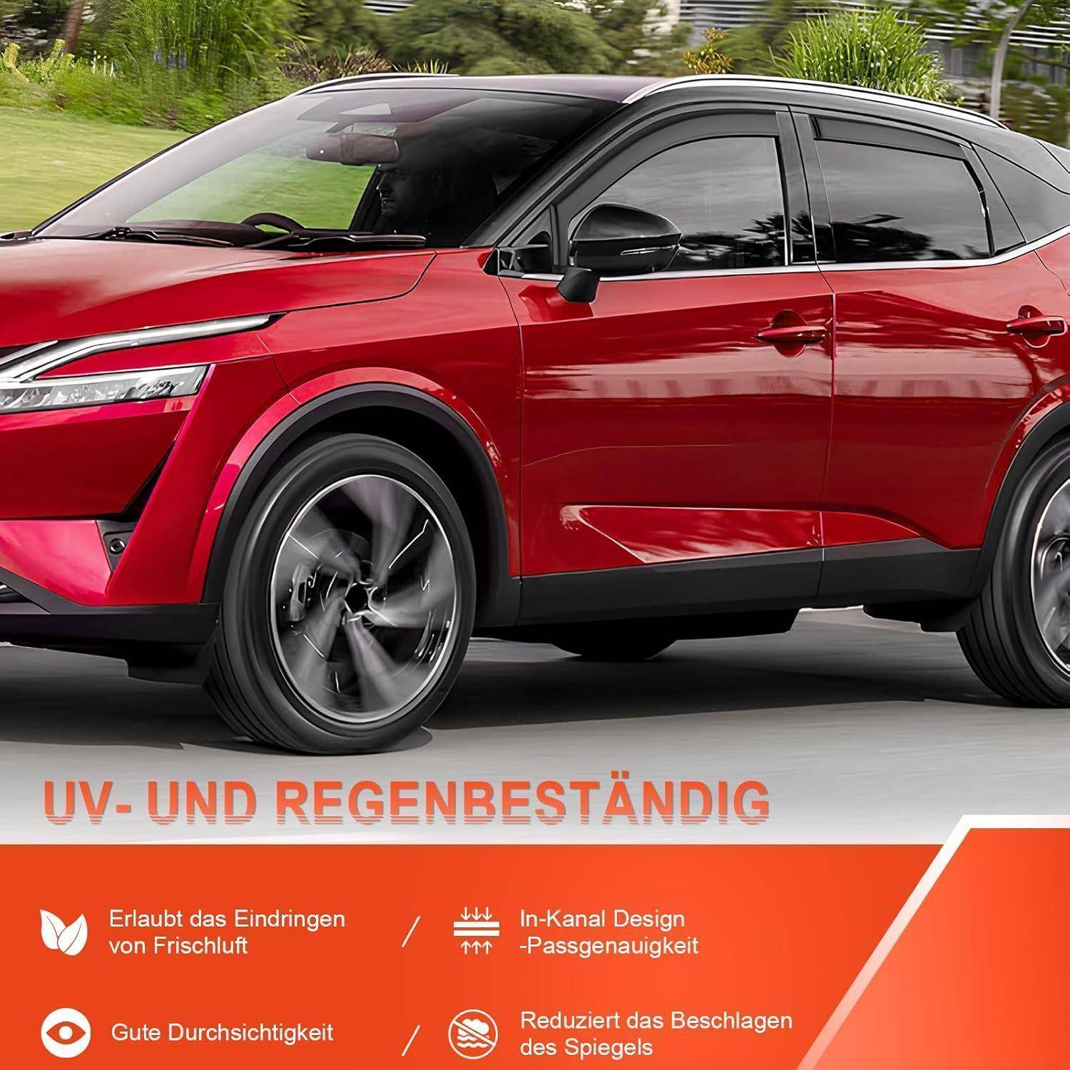 Roter SUV fährt auf einer Straße, mit deutschem Anzeigentext, der UV- und Regenschutz, Frischluftzufuhr, klare Sicht und reduzierte Beschlagbildung bewirbt.