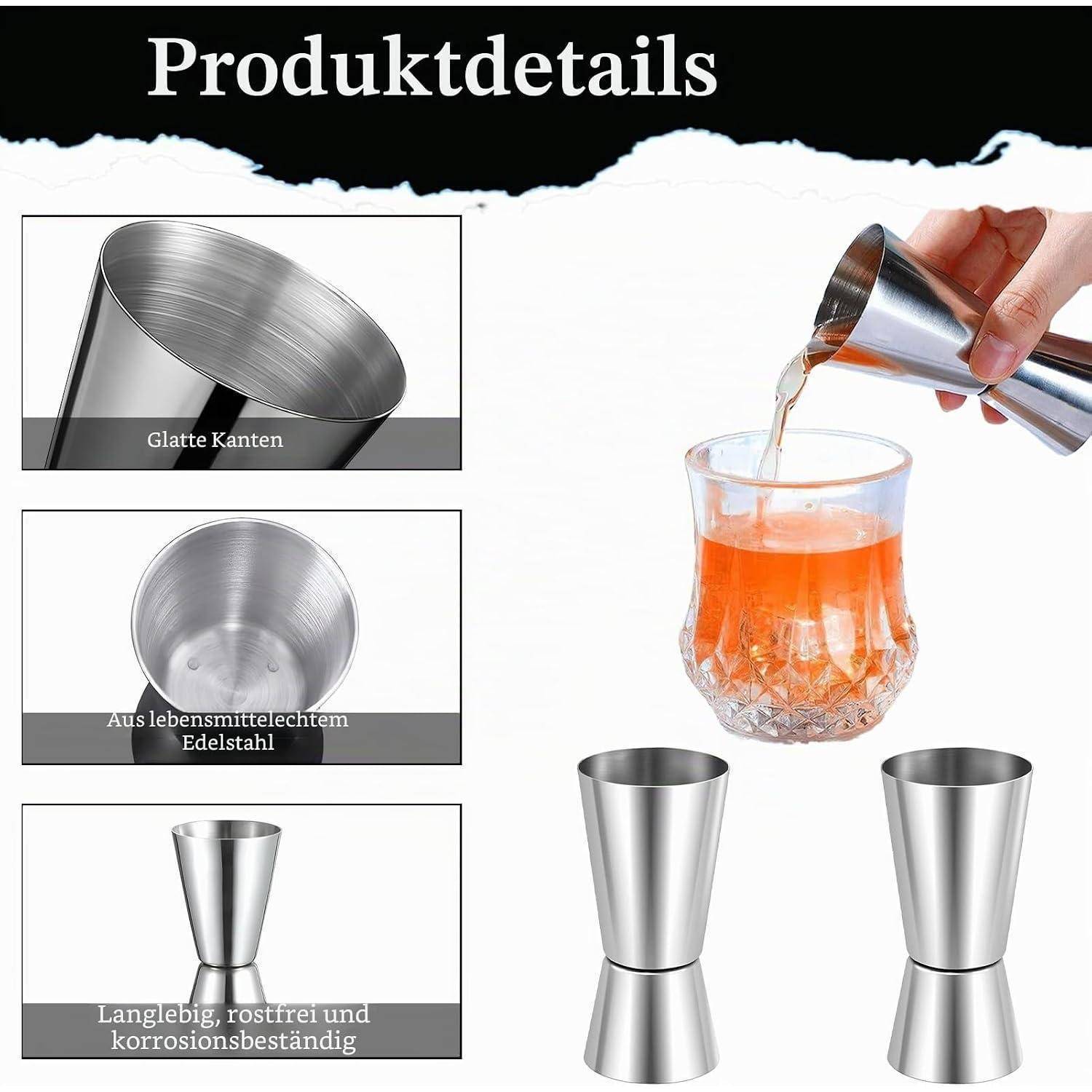 Produktdetails für einen Edelstahl-Cocktail-Jigger: glatte Kanten, lebensmittelgeeigneter Stahl, langlebig, rost- und korrosionsbeständig, wird bei der Ausgießung von Flüssigkeit in ein Glas gezeigt.