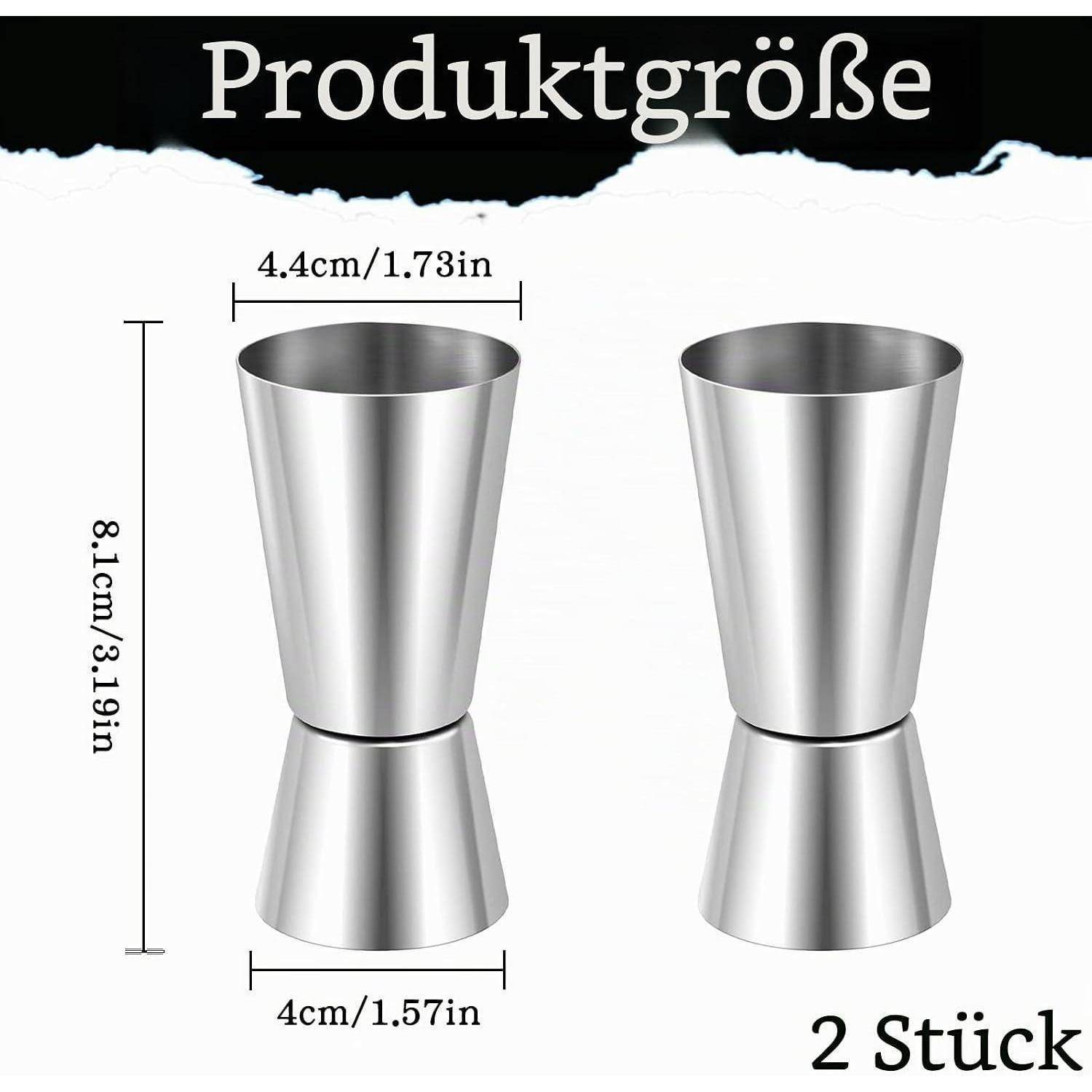 Produktgrößenbild zeigt zwei Edelstahl-Jigger/Messbehälter, jeweils 8,1 cm hoch; obere Breite 4,4 cm, untere Breite 4 cm, verkauft als 2 Stück.