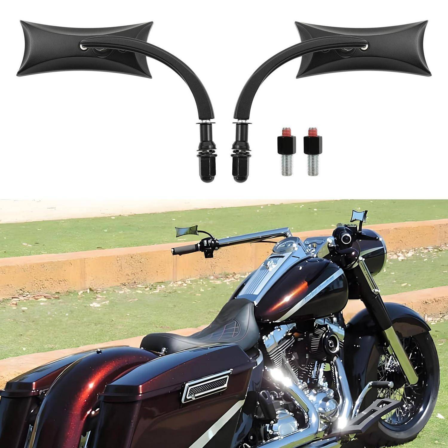 Motorrad-Spiegelset, das oben auf einem Cruiser-Motorrad gezeigt wird, mit zwei schwarzen Spiegeln und Befestigungszubehör, das das Zubehör am Motorrad veranschaulicht.