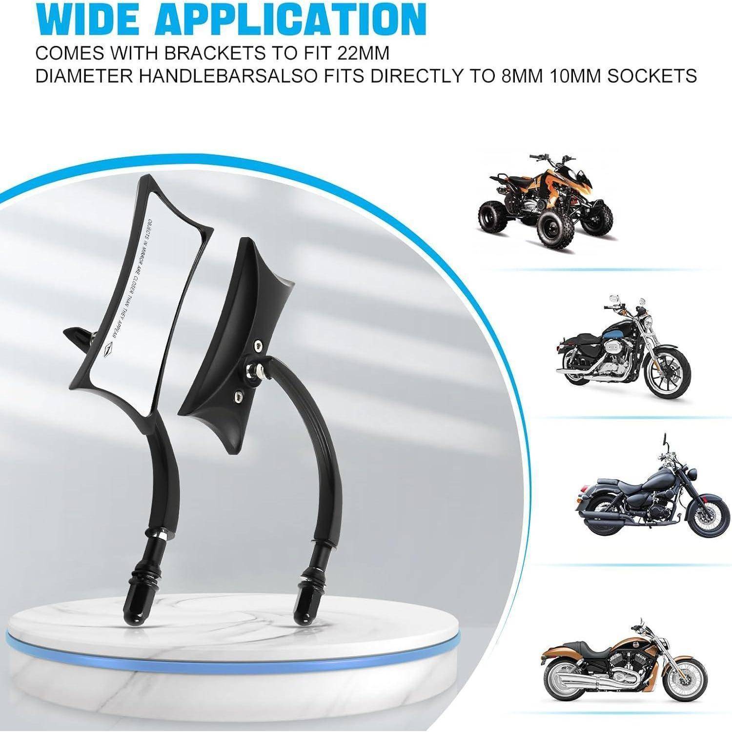 Motorrad Spiegel Schwarz M10 Motorrad Rückspiegel Seitenzubehör Unregelmäßige Form, Kompatibel mit Harley Sportster Custom Iron 883 Road King Stre