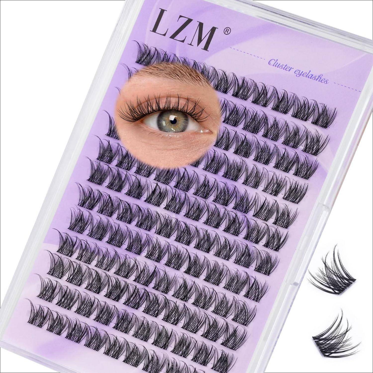LZM-Cluster-Wimpernpalette mit mehreren Reihen von künstlichen Wimpern und eine Nahaufnahme des Auges mit aufgetragenem Wimpernset.