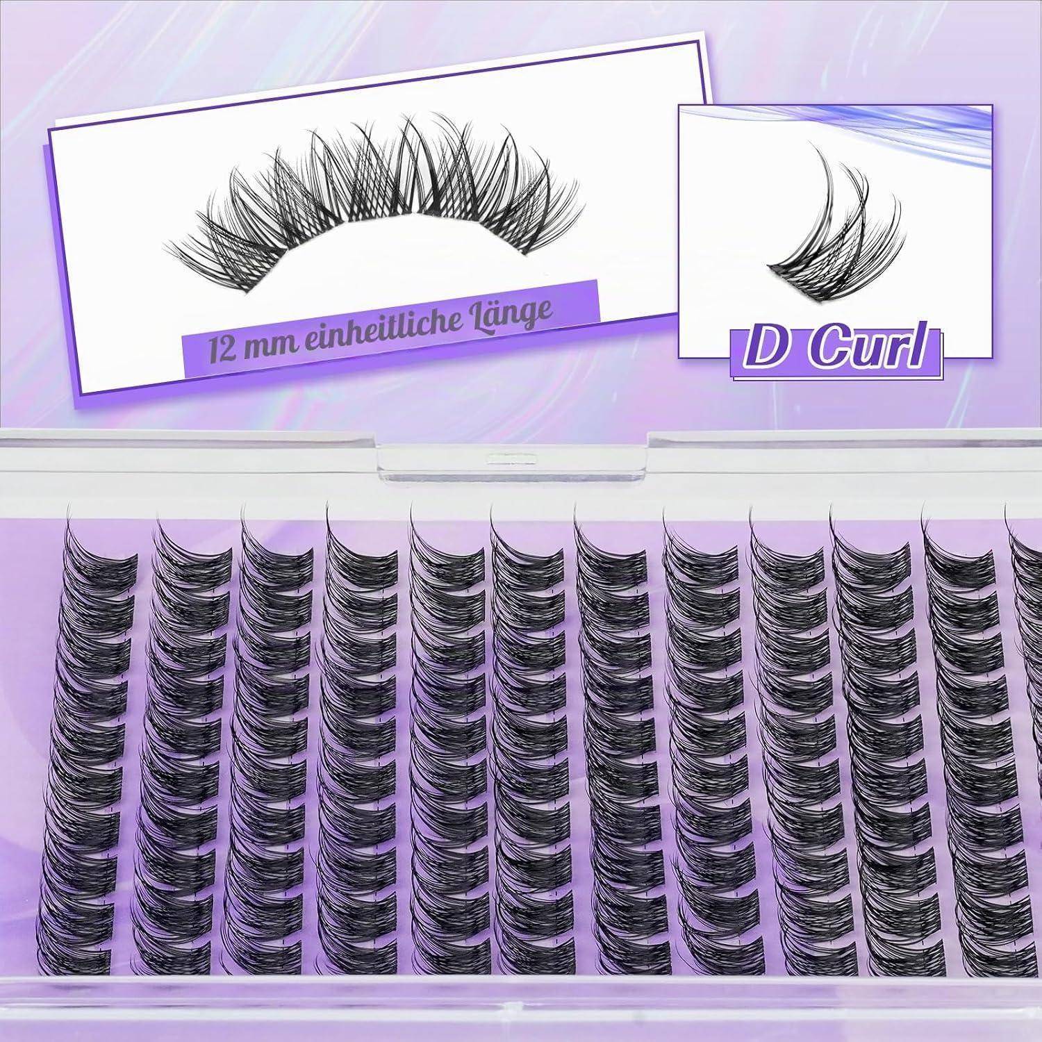 Produktbild von künstlichen Wimpern, das eine D-Kurve mit '12 mm einheitliche Länge' und mehrere Wimpernstreifen in einem violetten Tablett zeigt.