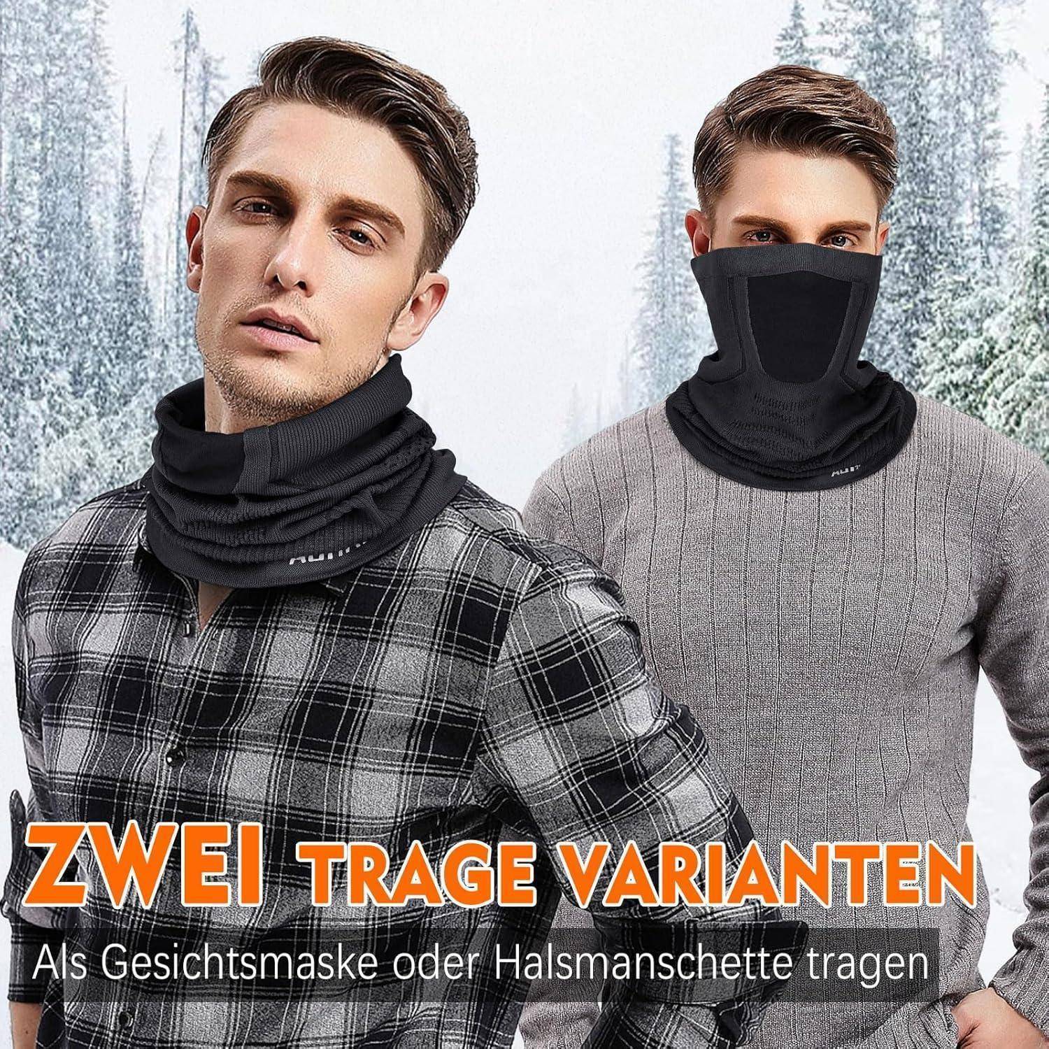 Zwei Männer modellieren einen schwarzen Halstuch, das entweder als Gesichtsmaske oder Halswärmer getragen wird; der Text liest sich als 