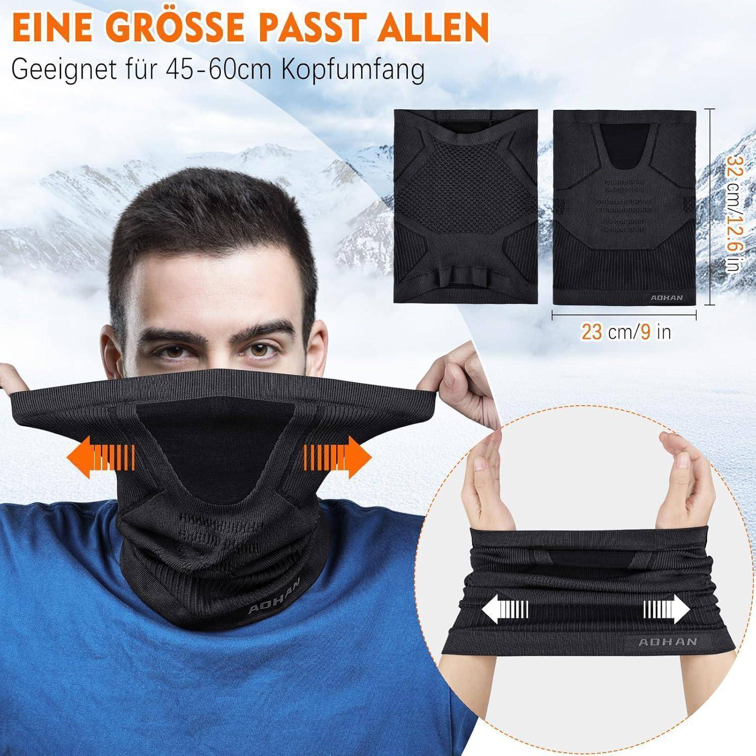 Werbebild einer dehnbaren schwarzen Nacken-Gesichtsmaske, die weit auseinandergezogen wird, mit deutscher Beschriftung als Einheitsgröße für 45-60 cm Kopfumfang.