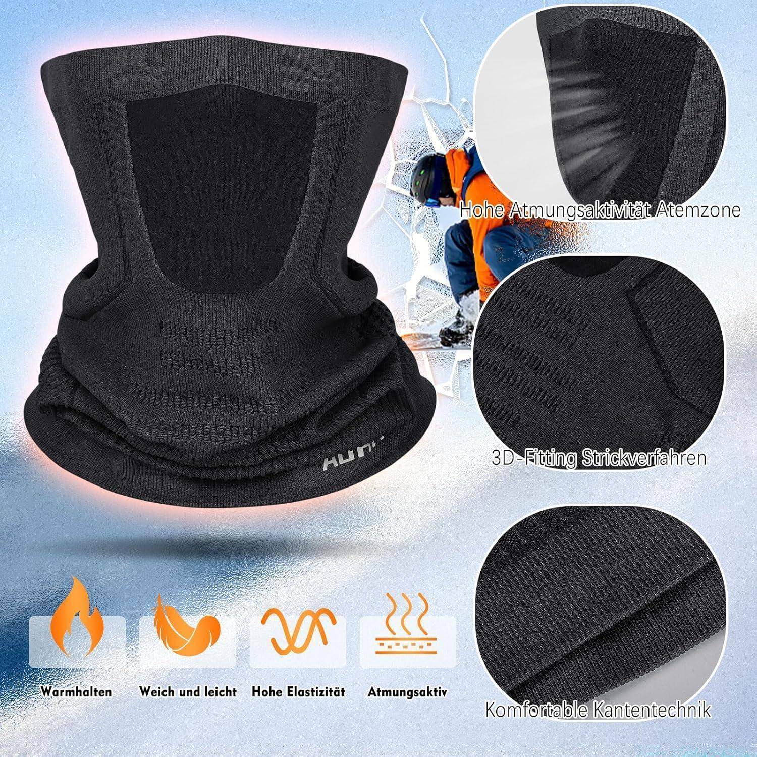 Schwarzer gestrickter Halswärmer/Sturmhaube mit 3D-Passform, hoher Atmungsaktivität, Wärmung, Elastizität und weicher Kantenveredlung; deutsche Funktionsmerkmale gekennzeichnet.
