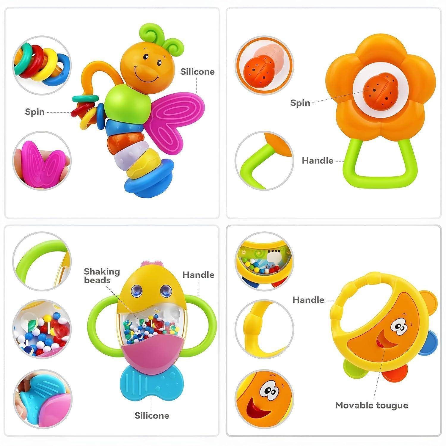Vier farbenfrohe Babyspielzeug-Designs in Panels dargestellt, die Drehelemente, Griffe, Schüttelperlen, Silikon und bewegliche Zungen-Features hervorheben.