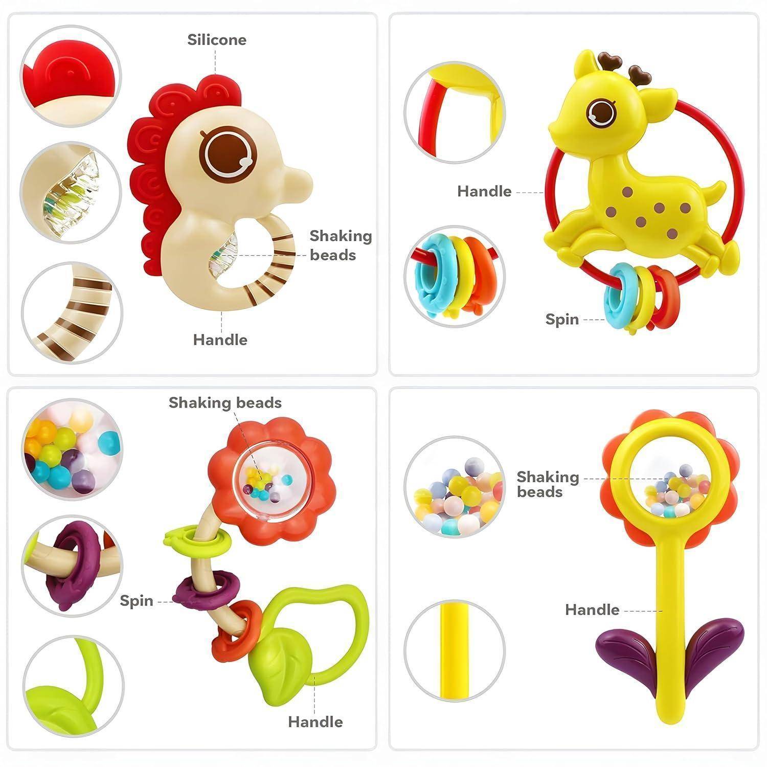 Vier farbenfrohe Babysinnesspielzeuge mit Beißgriffen und drehbaren Teilen, dargestellt mit vergrößerten Ausschnitten von Silikon, Rasselperlen und Griffmerkmalen.