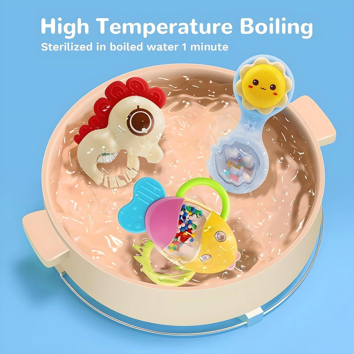 Illustration von Zahnungsspielzeugen für Babys, die in kochendem Wasser sterilisiert werden, mit der Beschriftung „Hochtemperatur-Kochen