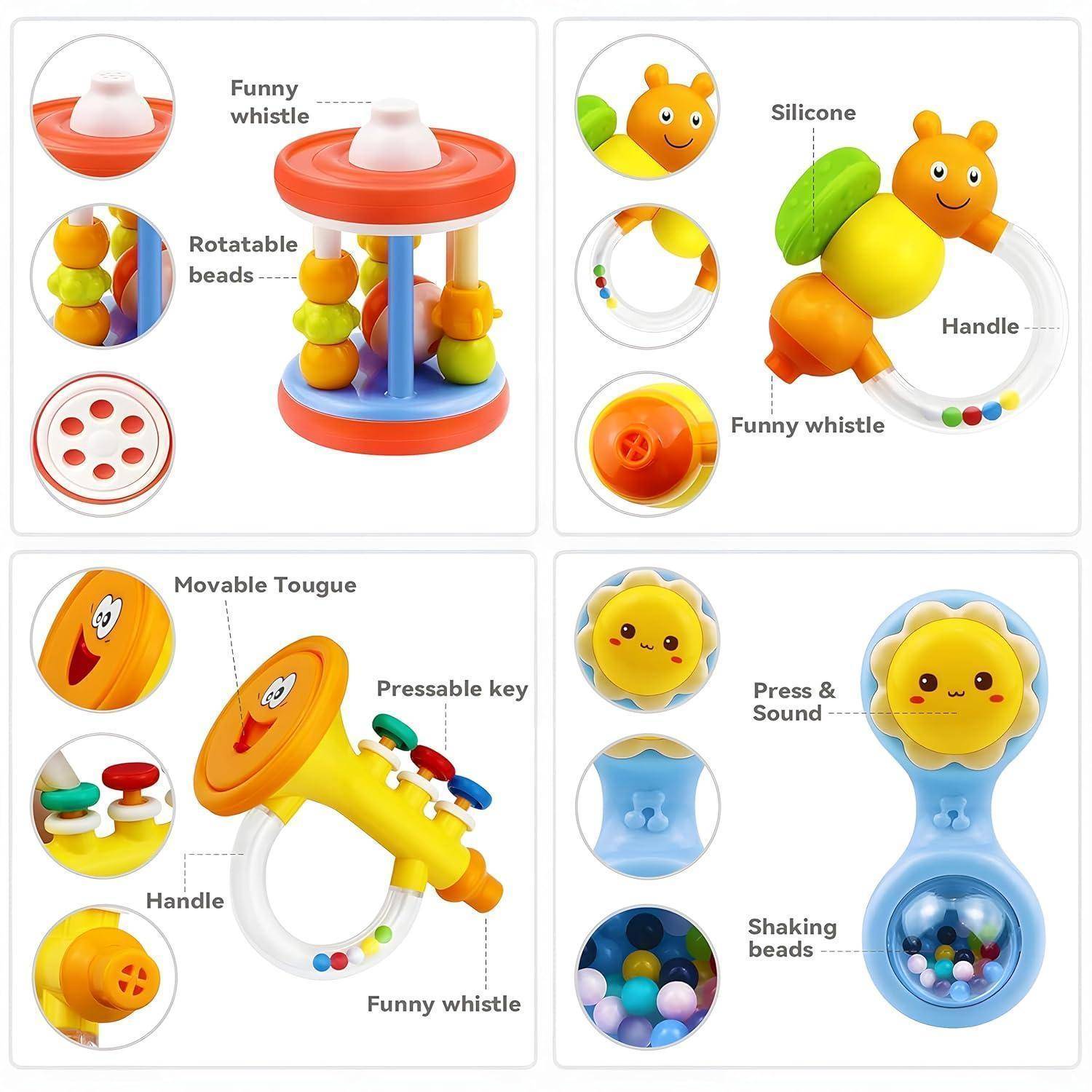 Vier beschriftete Babyspielzeuge in einem Raster dargestellt, die Funktionen wie lustiger Pfeifer, drehbare Perlen, Griff, bewegliche Zunge, drückbare Taste, Druck-und-Sound und schüttbare Perlen hervorheben.