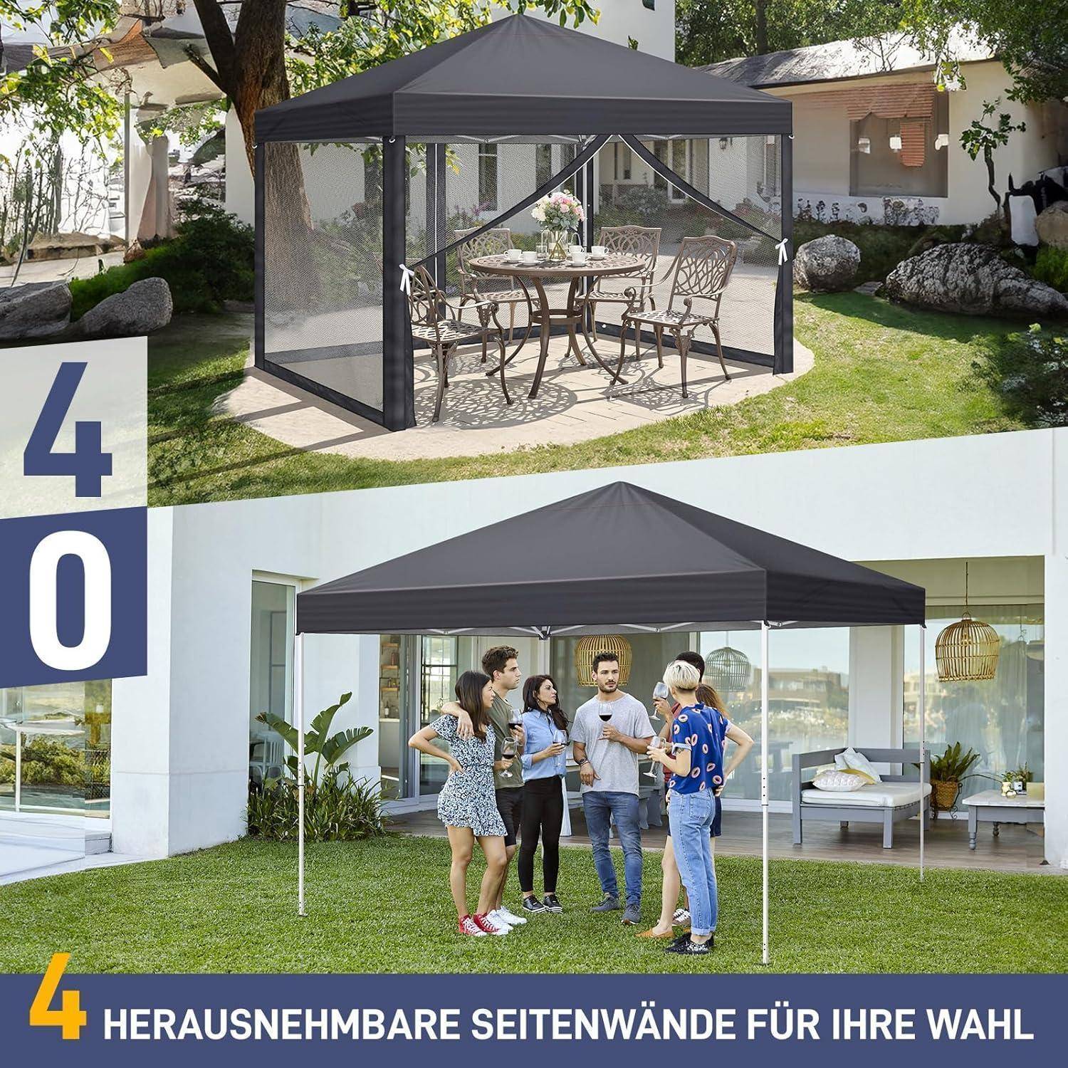 Gartenpavilllon mit Netzseitenwänden, gezeigt mit vier abnehmbaren Seitenpaneelen und Menschen darunter stehend; deutscher Text lautet „4 herausnehmbare Seitenwände für Ihre Wahl".