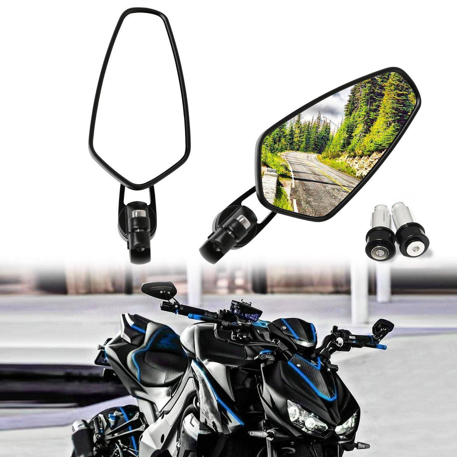 Motorrad-Seitenspiegel vor und nach der Montage gezeigt, wobei ein Spiegel eine Straßen- und Waldszene auf einem Sportmotorrad widerspiegelt.