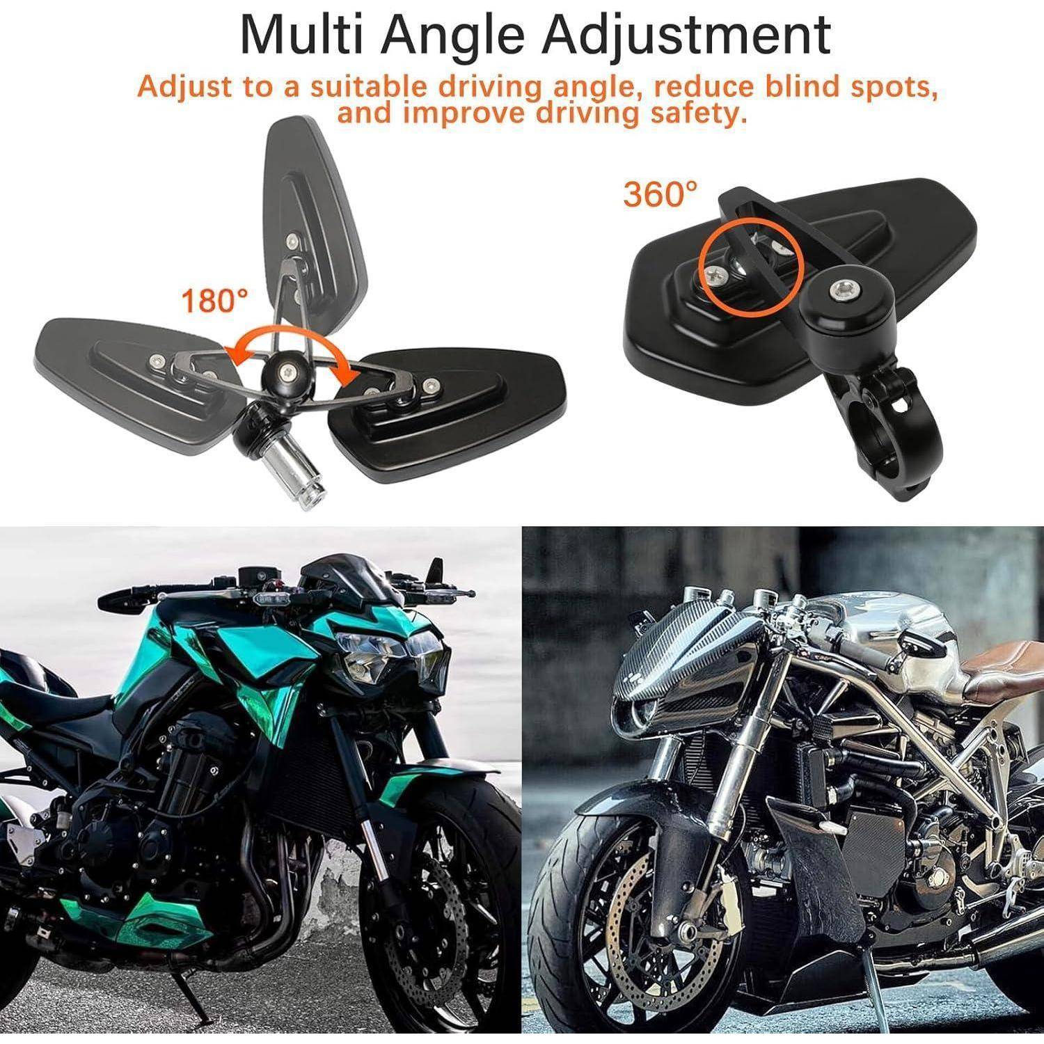 Grafik zeigt eine Motorradspiegelhalterung mit Mehrwinkelversteller, beschriftet mit 180° und 360°, um tote Winkel zu reduzieren und die Fahrsicherheit zu verbessern; zwei Motorräder sind unten abgebildet.