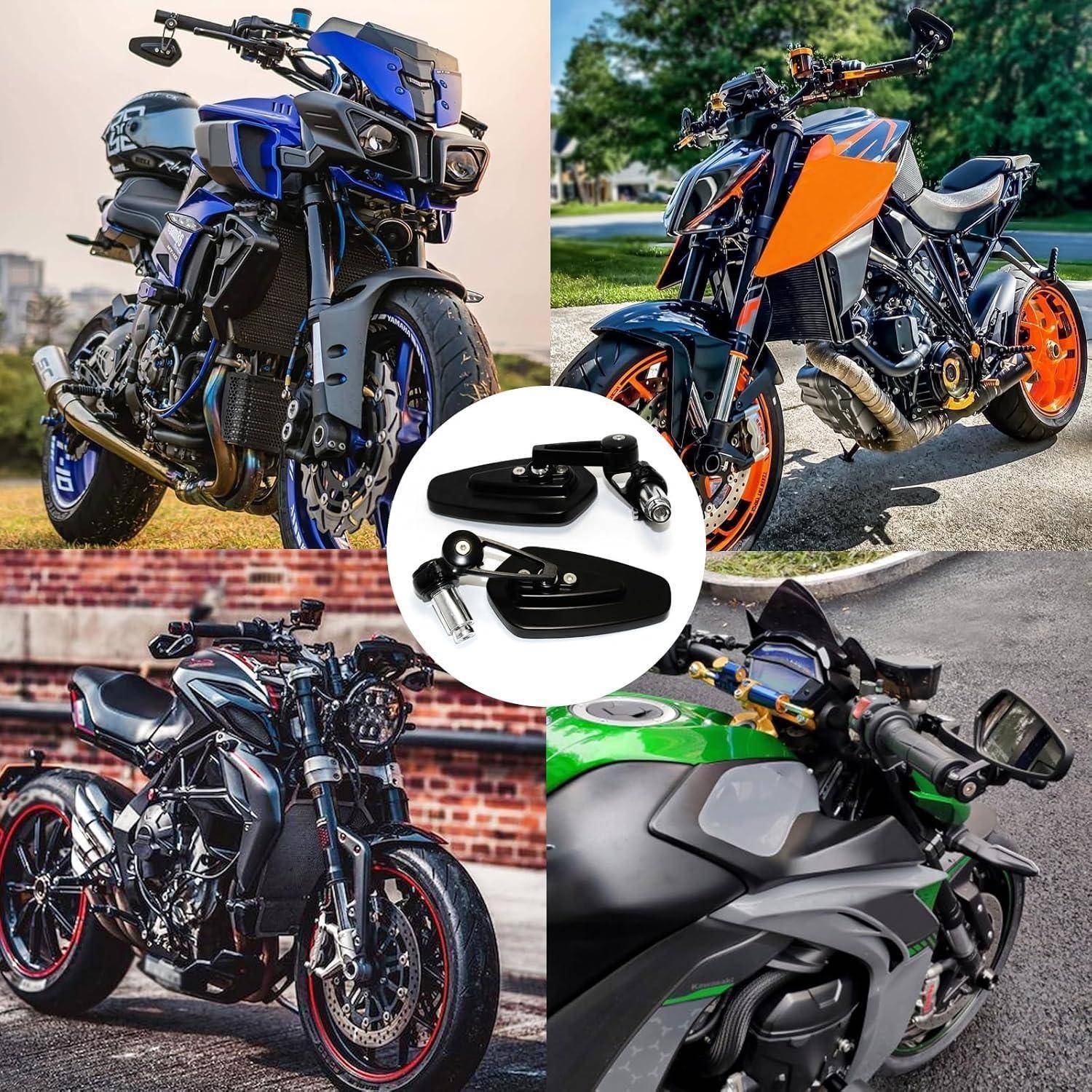 Collage aus vier maßgeschneiderten Sportmotorrädern und einer zentralen Einfügung von schwarzen Motorradspiegeln/Zubehör.