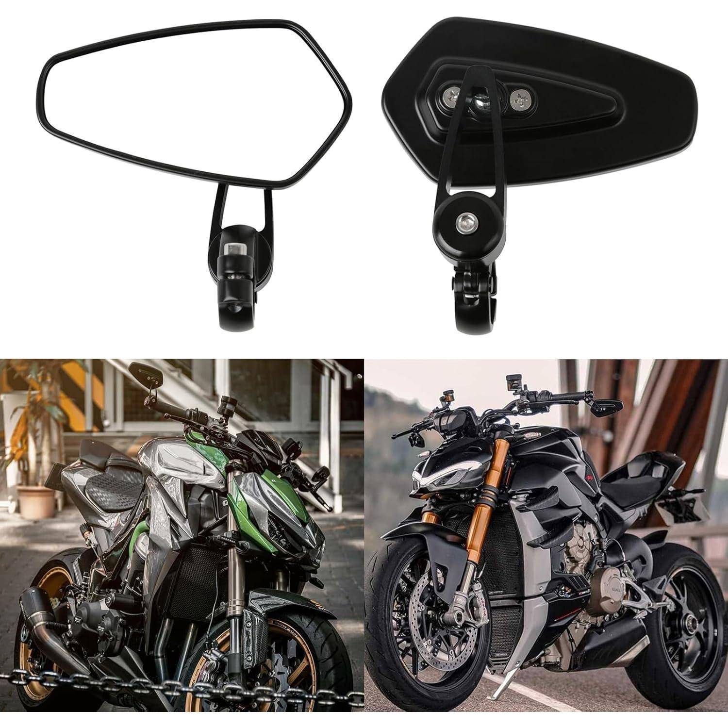 Motorrad-Rückspiegel von vorne und hinten gezeigt, oben zwei Fotos von benutzerdefinierten Sportmotorrädern mit kantigem Karosserieaufbau.
