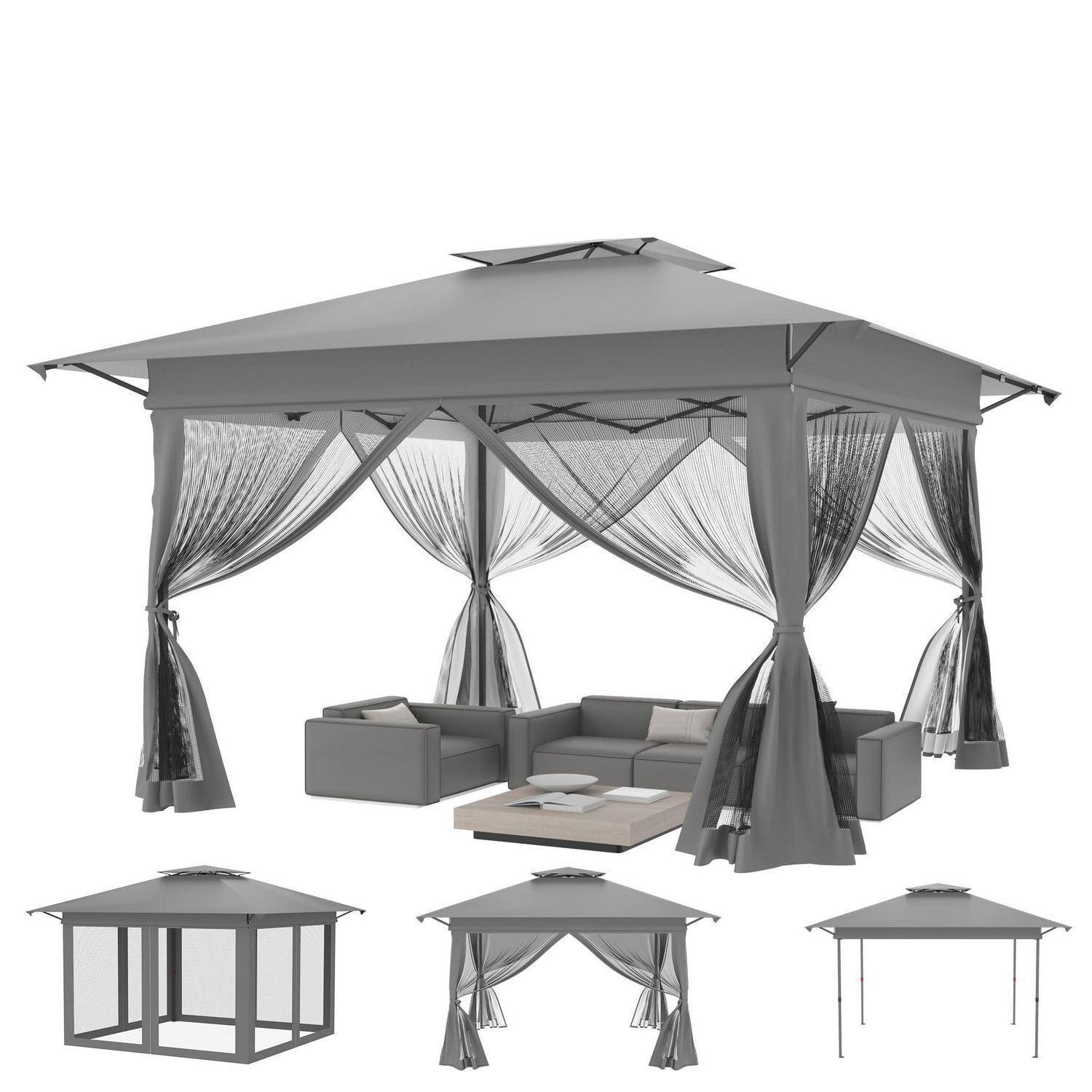 Produktbild zeigt einen grauen Outdoor-Pavillon mit drapiertenVorhängen und Sektionalbestuhlung, plus drei kleinere Ansichten des Pavillonrahmens und der Vorhangoptionen.