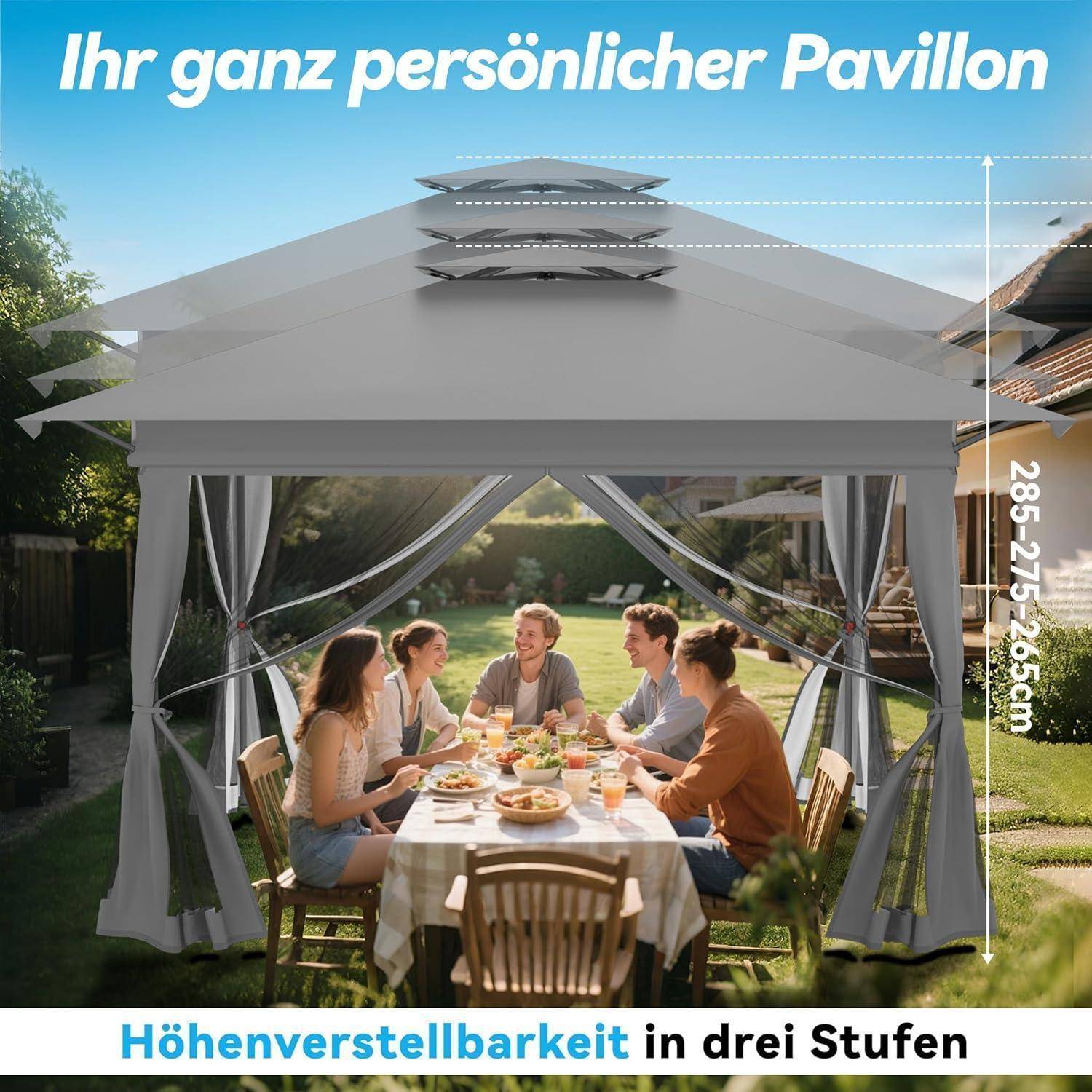Foto eines grauen verstellbaren Gartenpavillon mit Vorhängen, das Menschen beim Essen darunter zeigt; deutscher Text sagt „Ihr ganz persönlicher Pavillon" und „Höhenverstellbarkeit in drei Stufen"".
