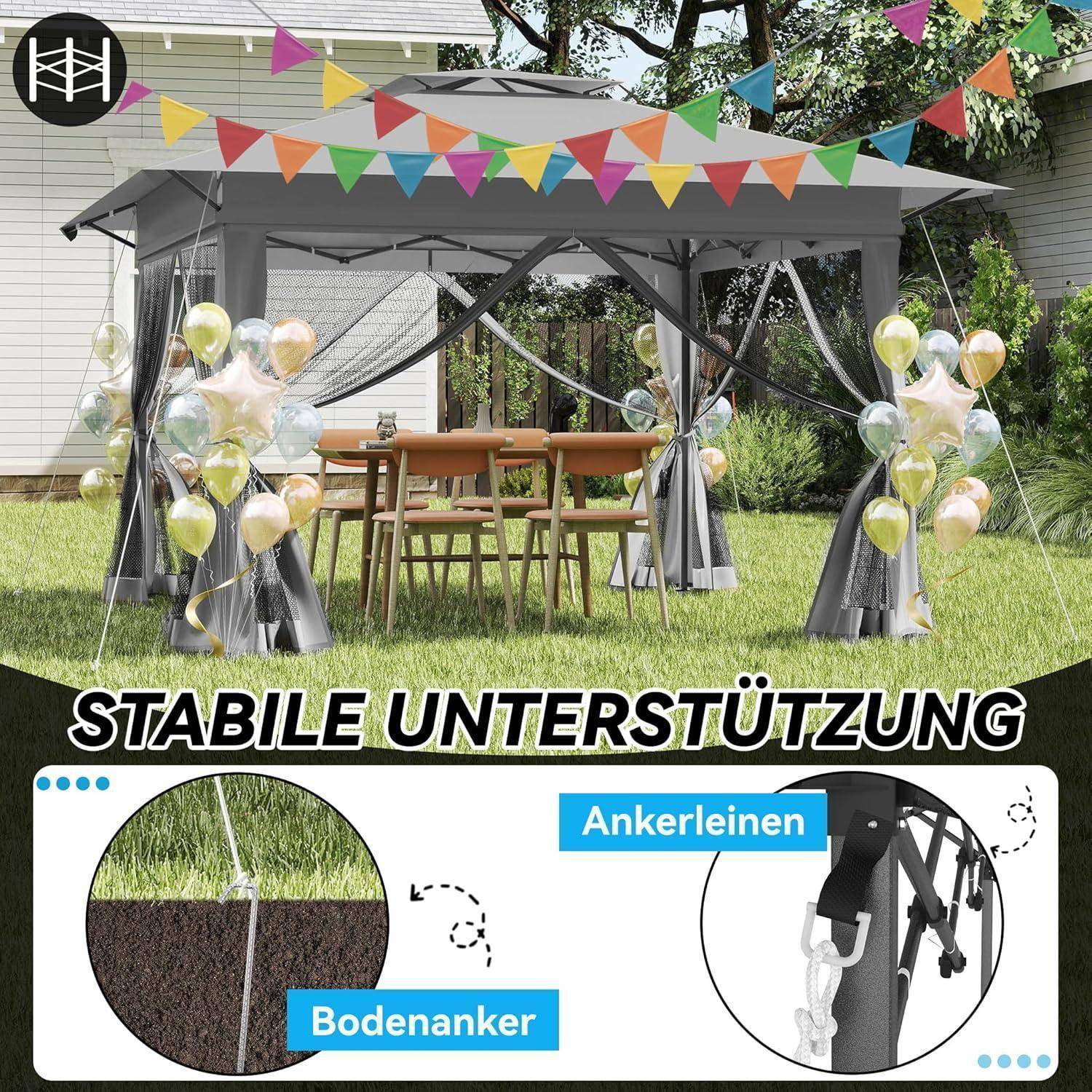 Partyzelt mit Außenüberdachung, dekoriert mit Luftballons und Girlanden; die Vergrößerung zeigt die Stabilisierung mit Bodeanker und Ankerleinen, beschriftet mit "Bodenanker"" und ""Ankerleinen"".